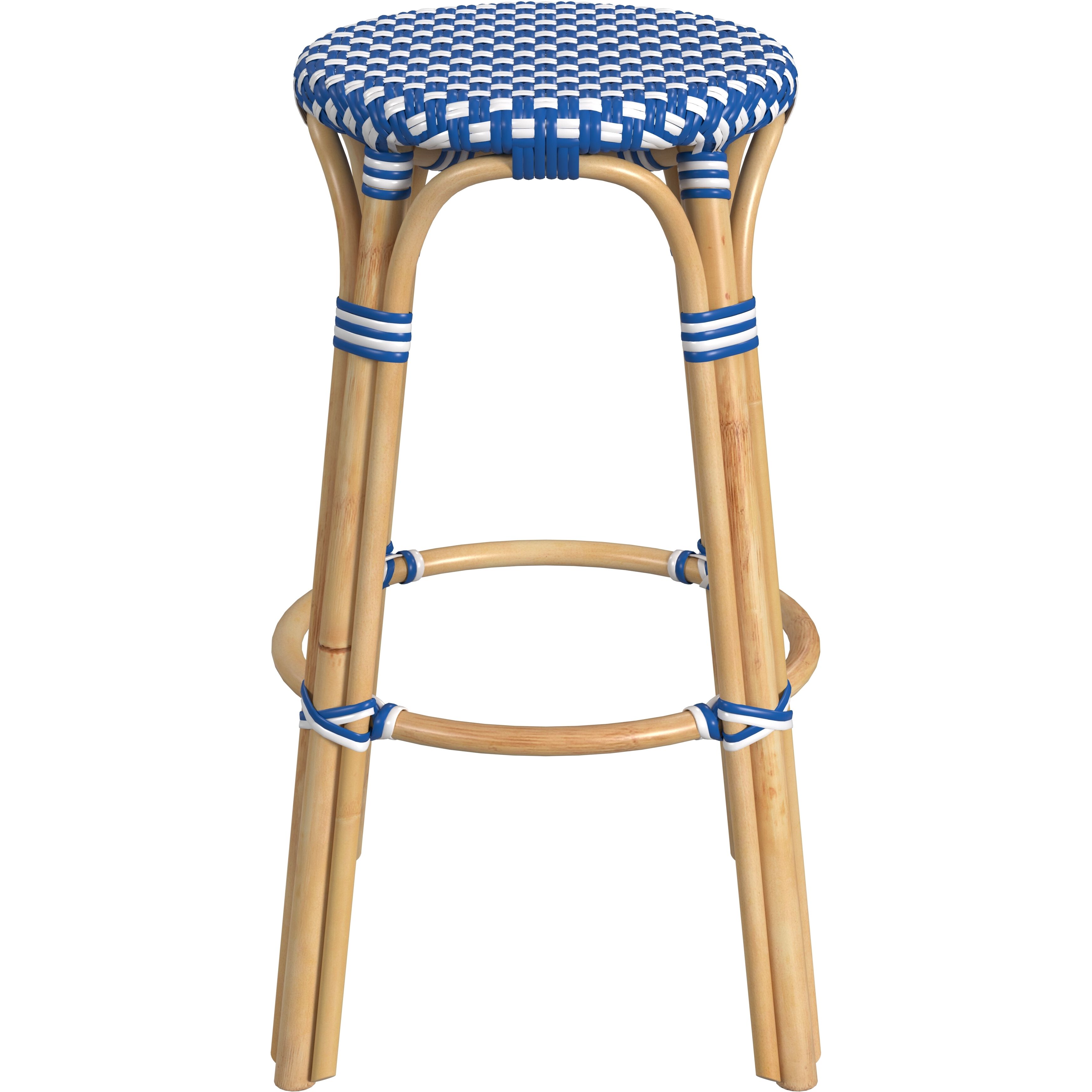 Tobias Round Rattan 30" Bar Stool in Blue and White Dot