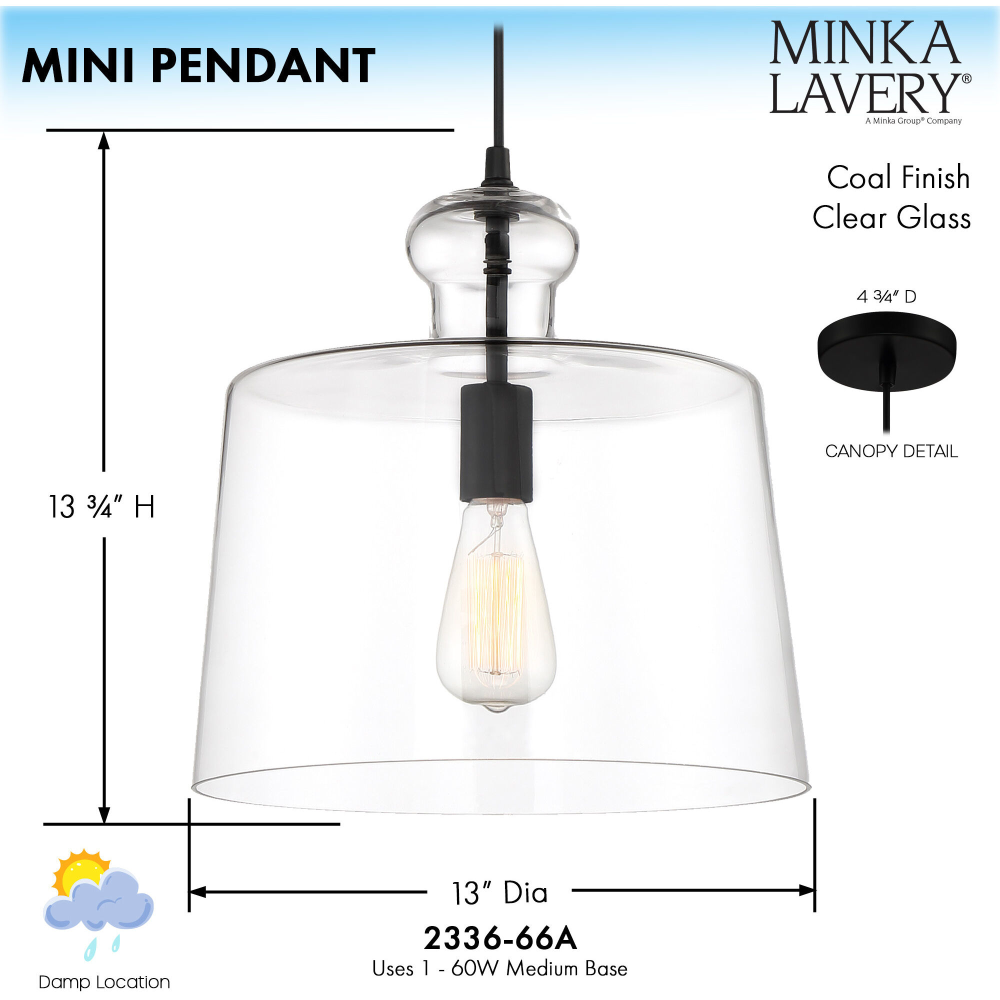 Clarity 1 Light 13 inch Coal Mini Pendant Ceiling Light
