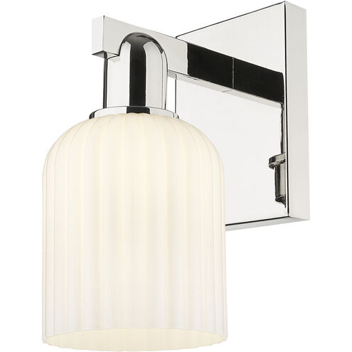 Downtown Urban Bridal Veil Armed Sconce Wall Light in Polished Nickel, Gloss White Glass