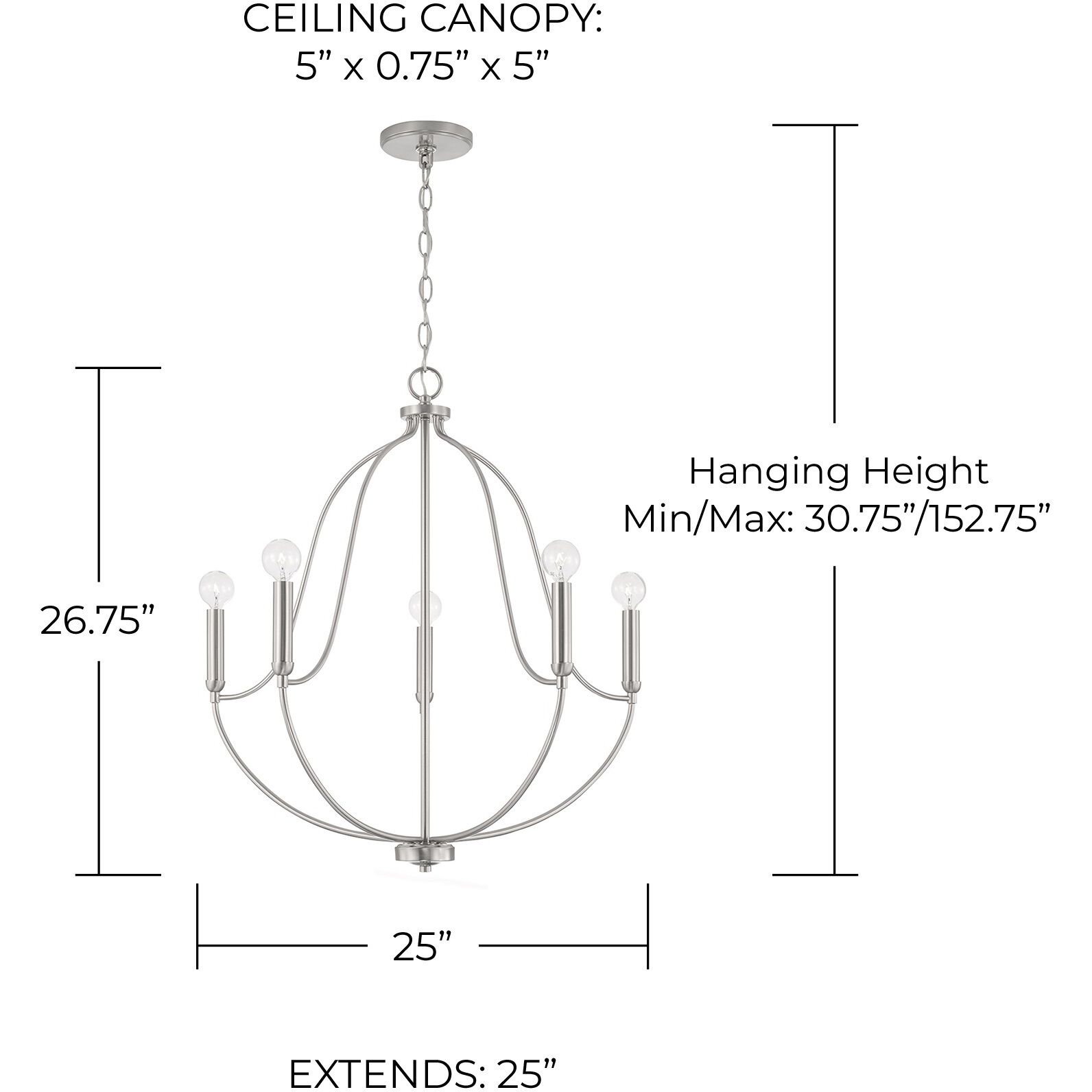 Madison 5 Light 25 inch Brushed Nickel Chandelier Ceiling Light