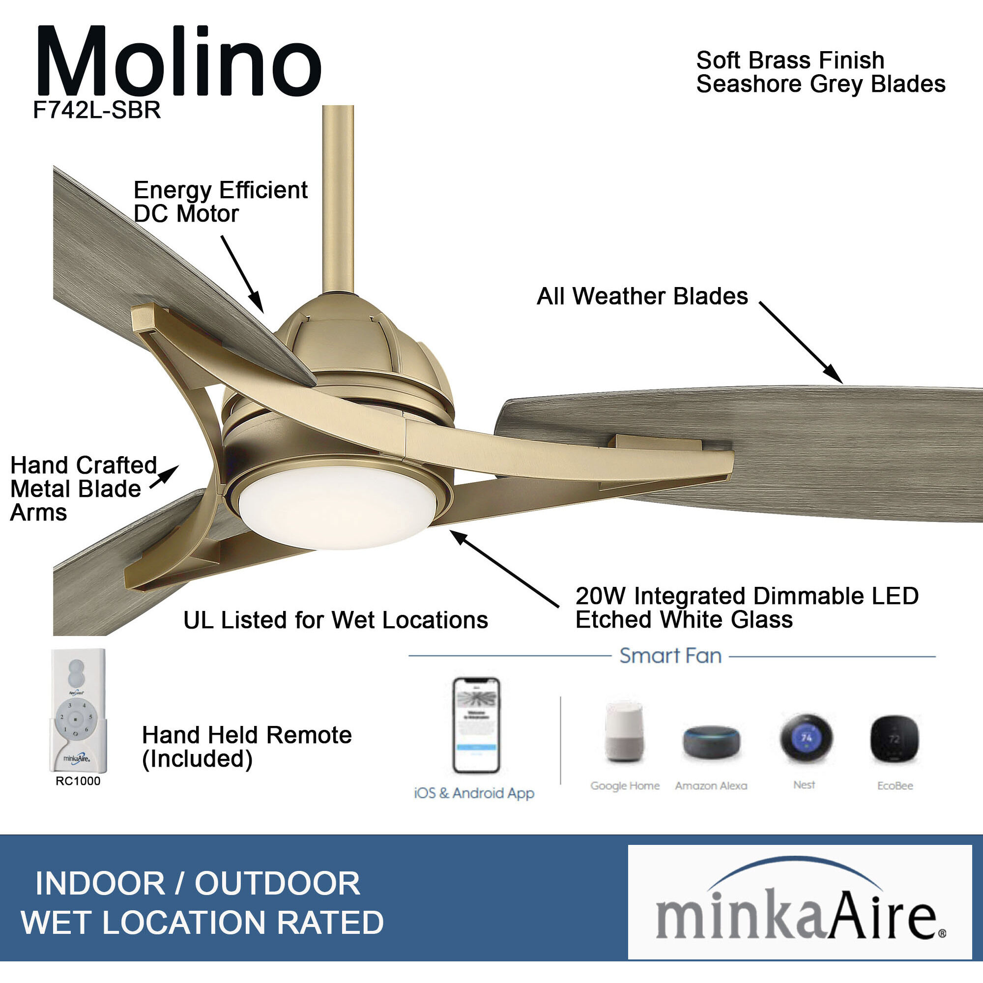 Molino 65 inch Soft Brass with Seashore Grey Blades Indoor/Outdoor Ceiling Fan