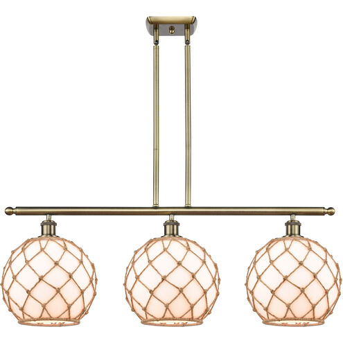 Ballston Large Farmhouse Rope 3 Light 36 inch Antique Brass Island Light Ceiling Light in Incandescent, White Glass with Brown Rope, Ballston