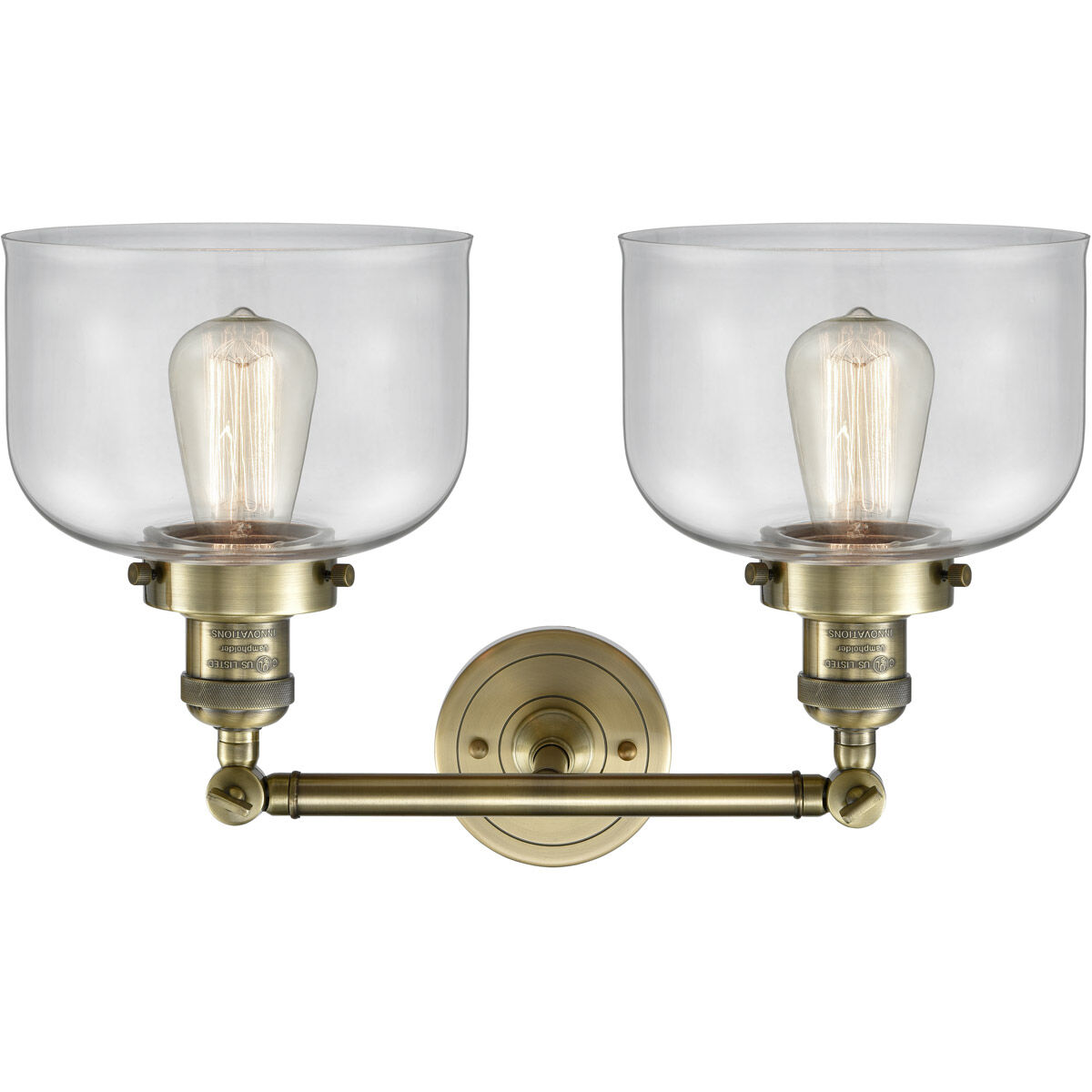 Franklin Restoration Large Bell 2 Light 19 inch Antique Brass Bath Vanity Light Wall Light in Incandescent, Clear Glass, Franklin Restoration