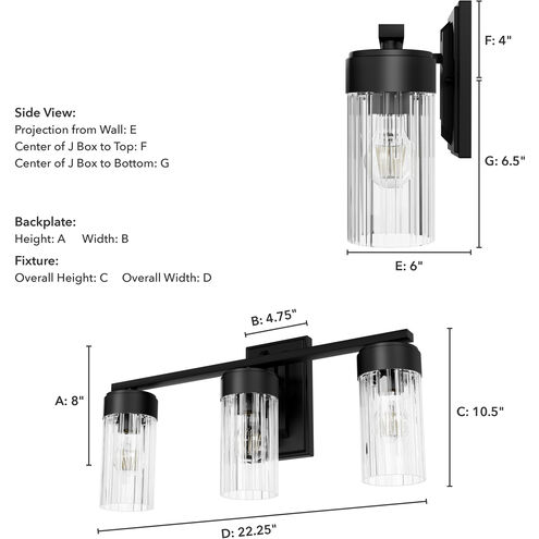 Gatz 3 Light 22.25 inch Matte Black Vanity Light Wall Light