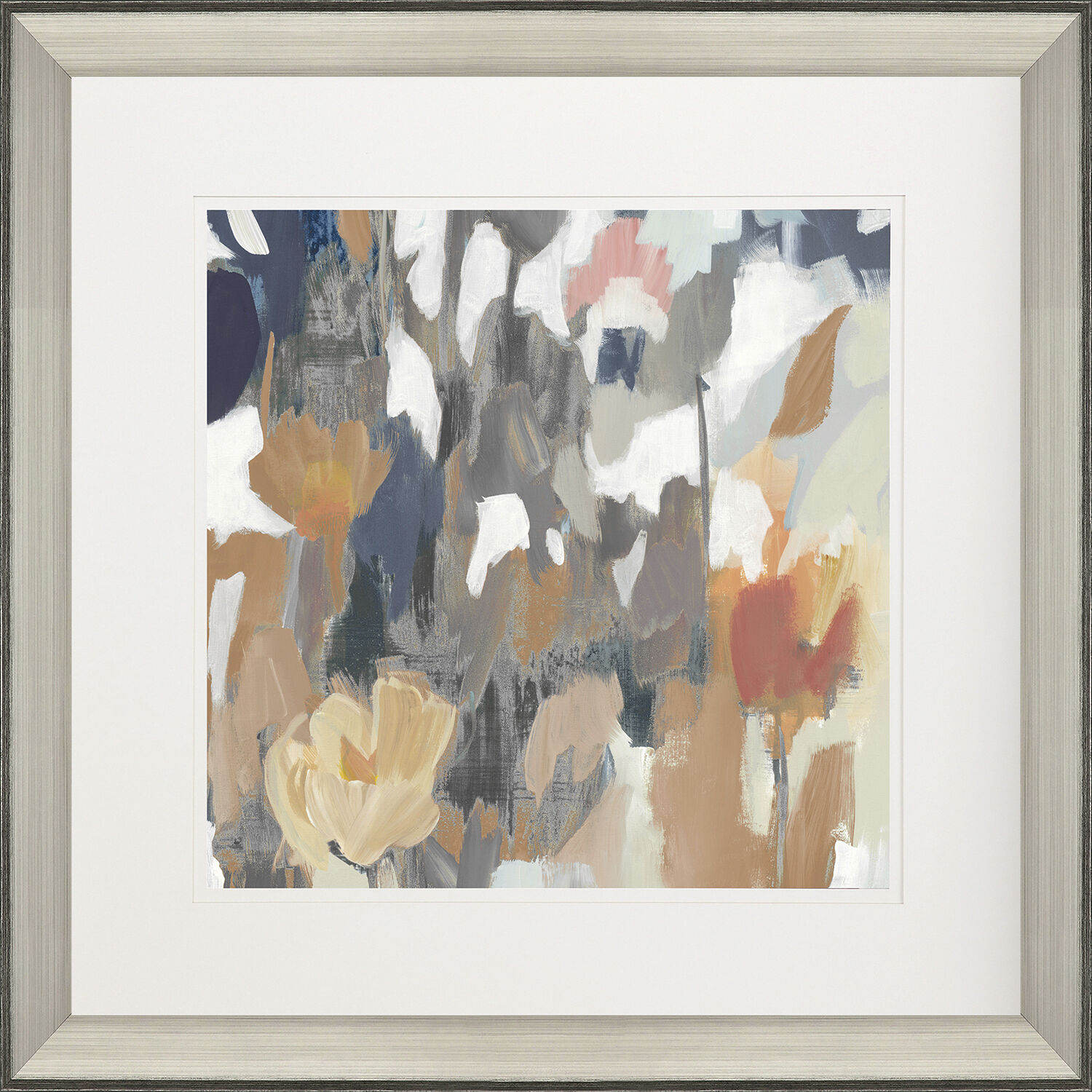 Corner Flower Stand Blue and Gray and Rust and White Framed Art