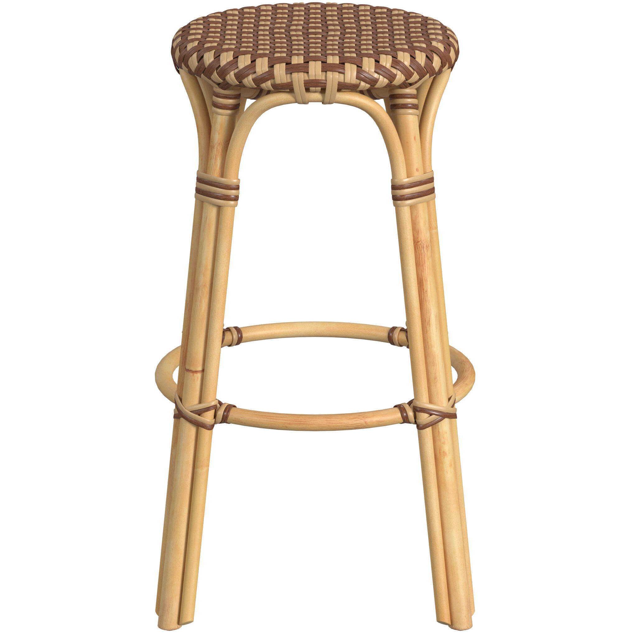 Tobias Round Rattan 30" Bar Stool in Brown and Tan Dot