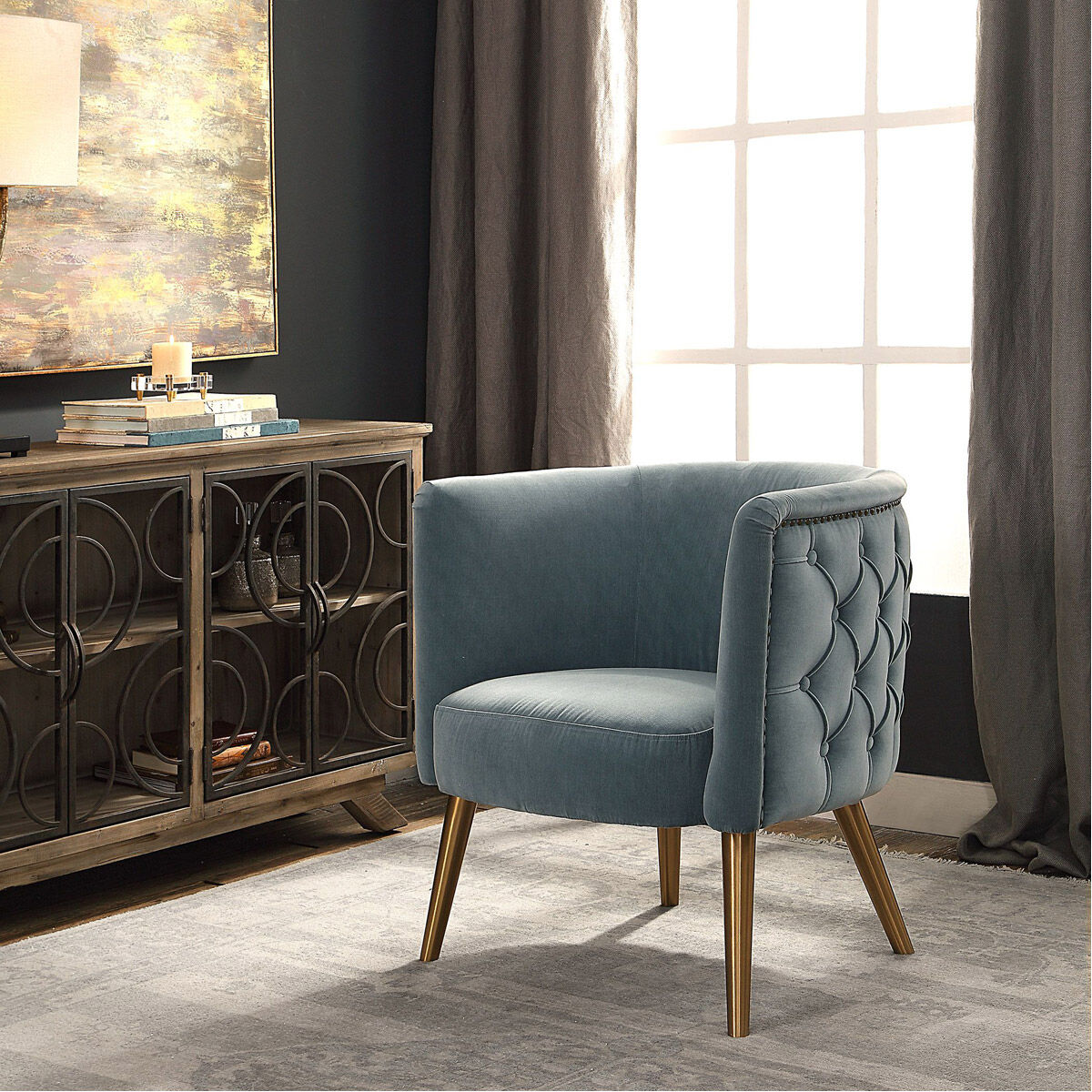 Uttermost 23480 Haider Steel Gray and Brushed Brass Accent Chair