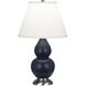 Small Double Gourd 22.75 inch 150 watt Matte Midnight Blue Glazed Ceramic with Antique Silver Accent Lamp Portable Light in Pearl Dupioni