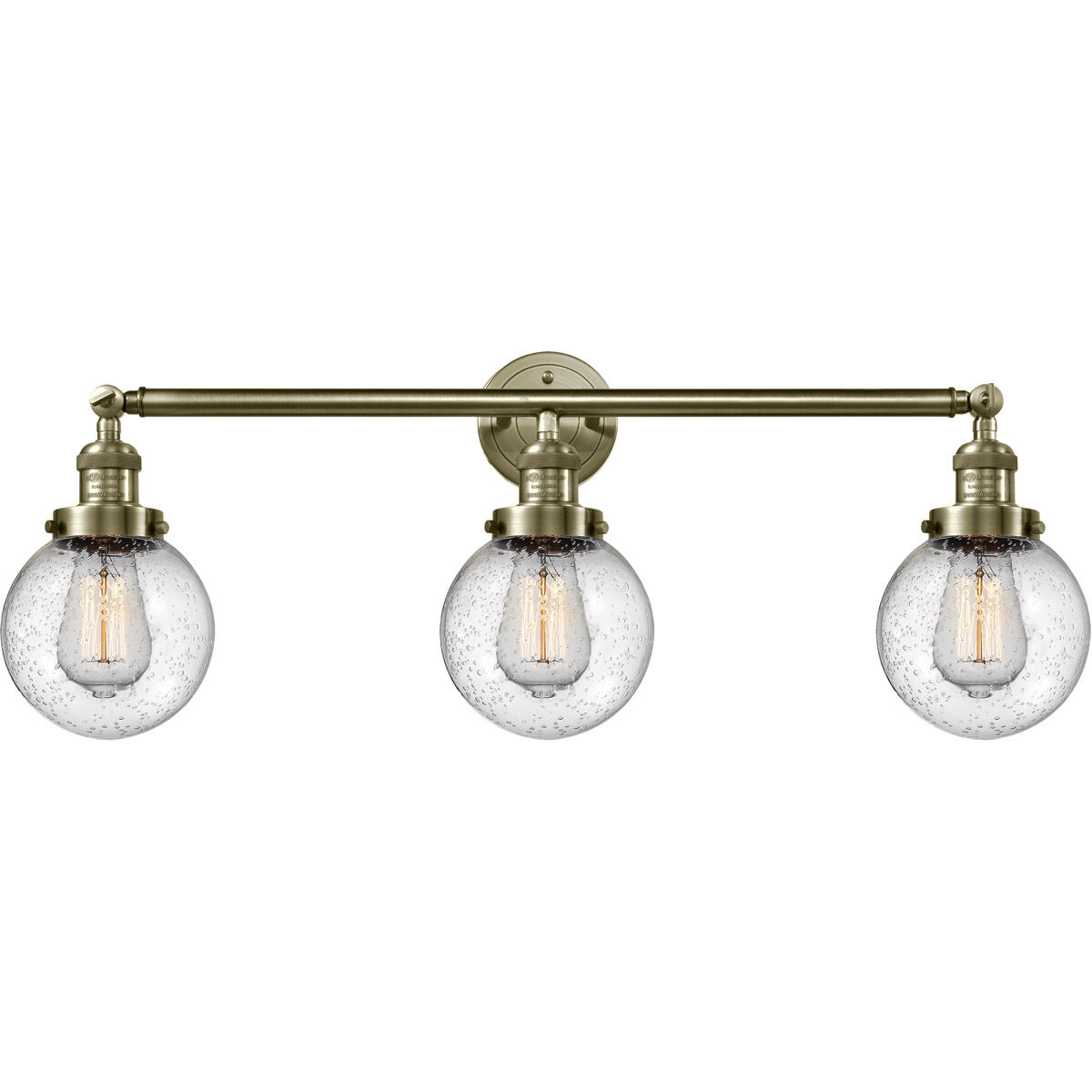 Franklin Restoration Beacon 3 Light 30 inch Antique Brass Bath Vanity Light Wall Light in Seedy Glass, Franklin Restoration