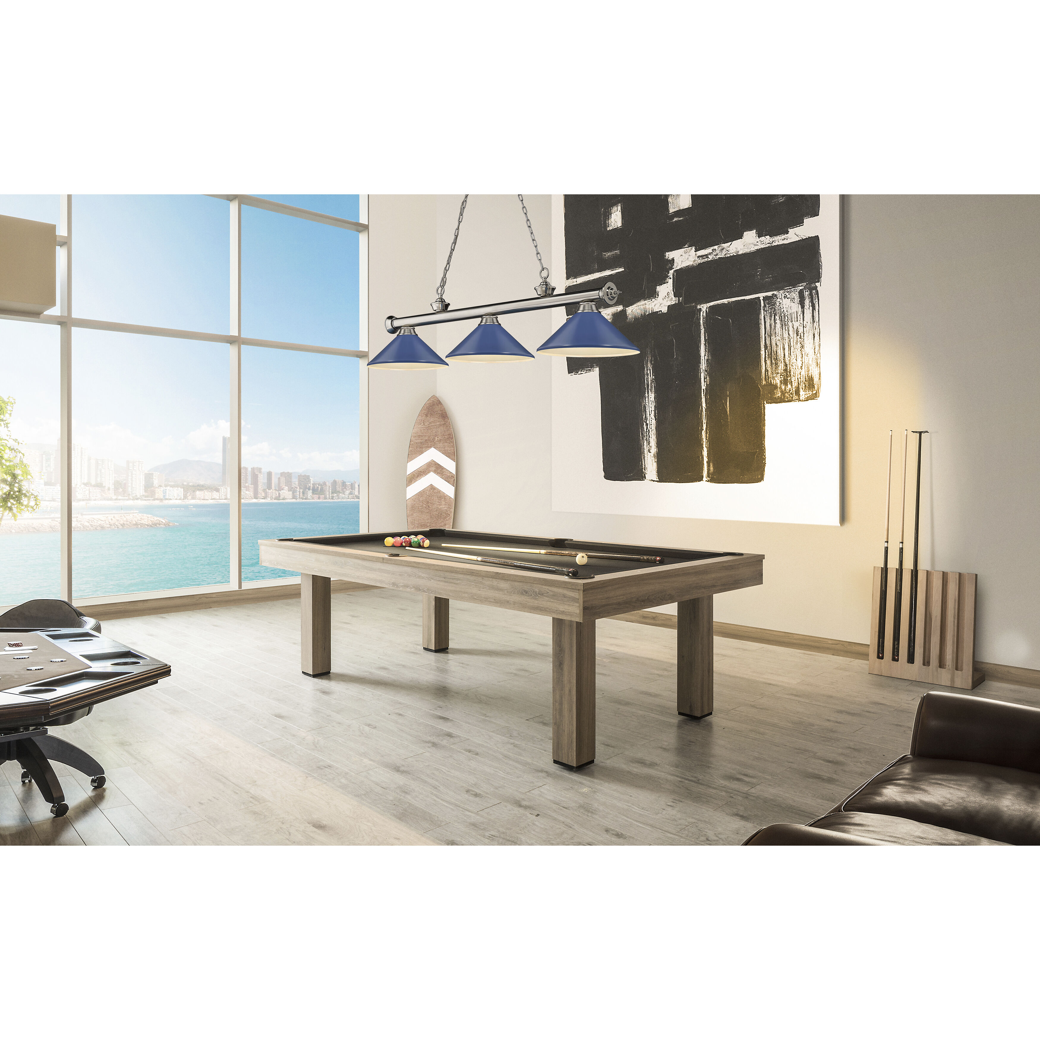 Cordon 3 Light 58 inch Brushed Nickel Billiard Ceiling Light in Navy Blue Steel