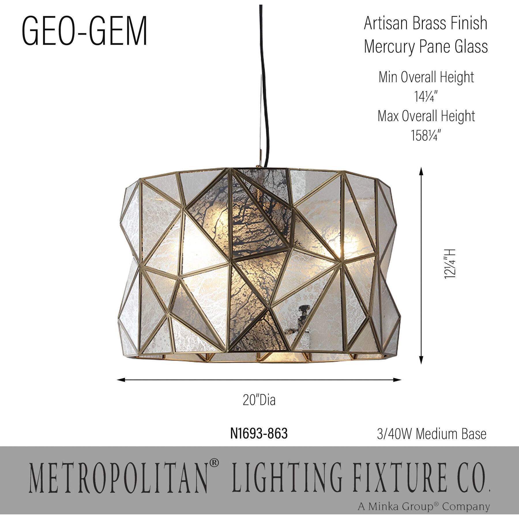 Geo-Gem 3 Light 20 inch Brass Antique Pendant Ceiling Light