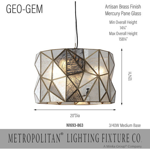 Geo-Gem 3 Light 20 inch Brass Antique Pendant Ceiling Light