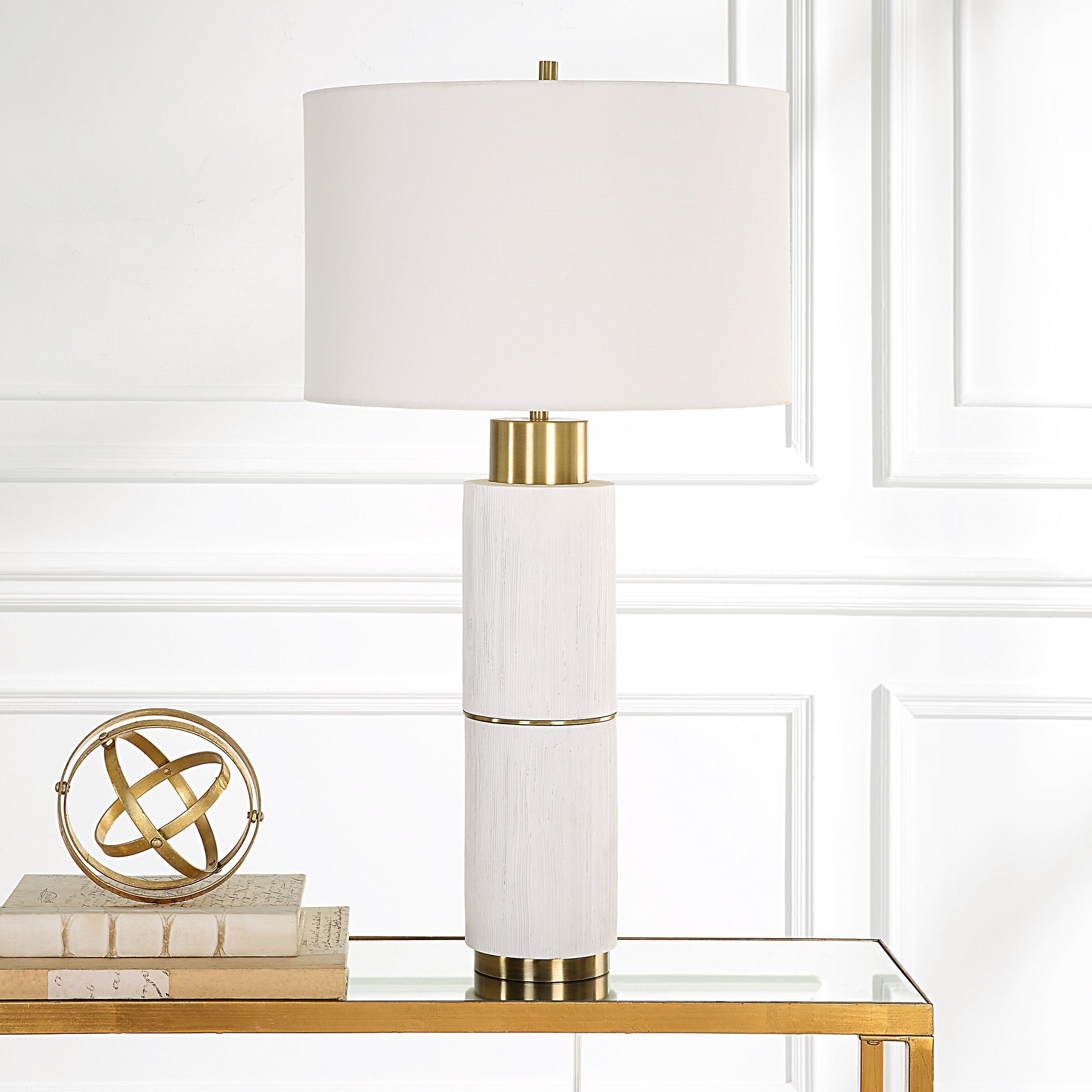 Ruse 30 inch 150 watt Whitewashed Wood and Brushed Brass Table Lamp Portable Light