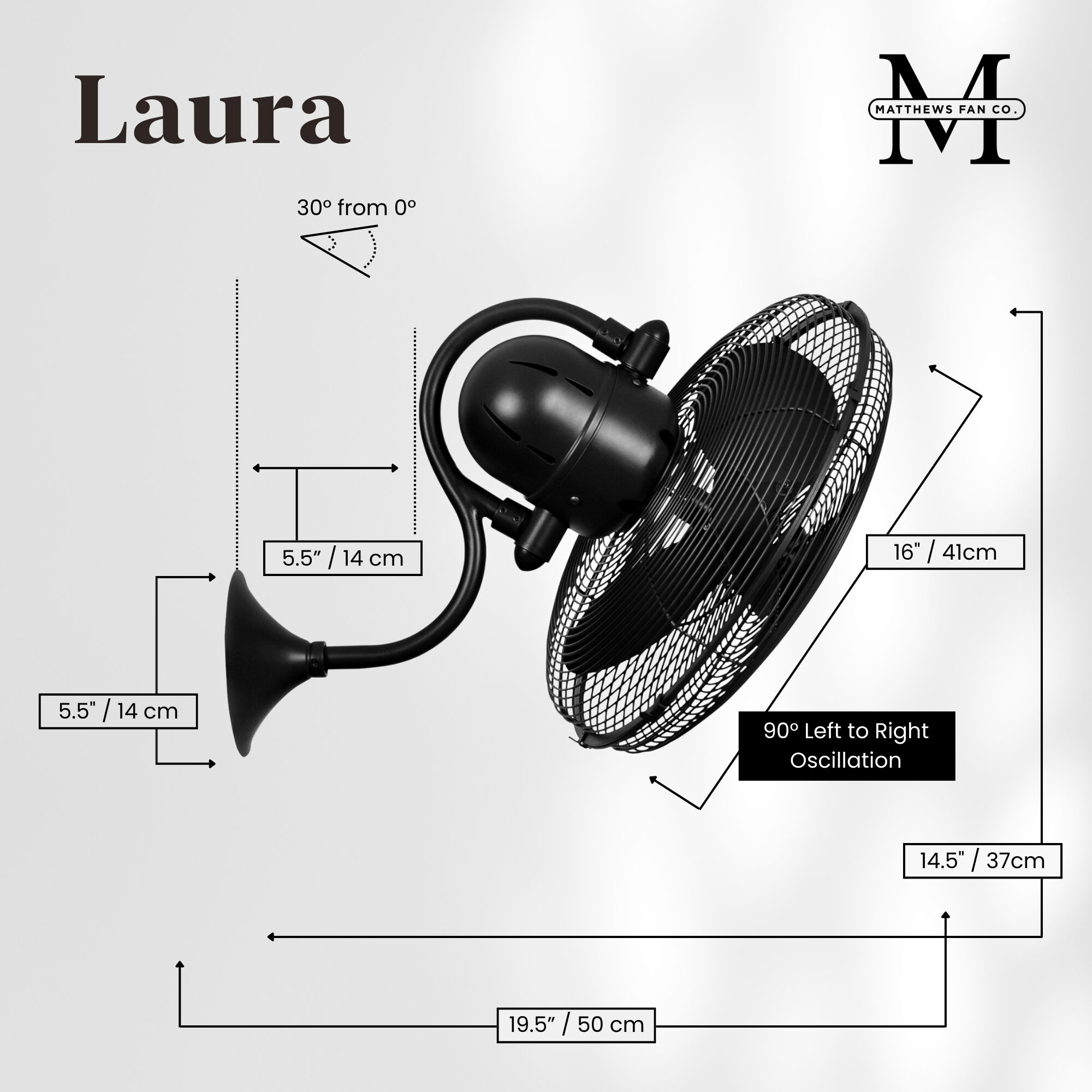 Atlas Laura 19.5 inch Matte Black Oscillating Wall Fan, Atlas