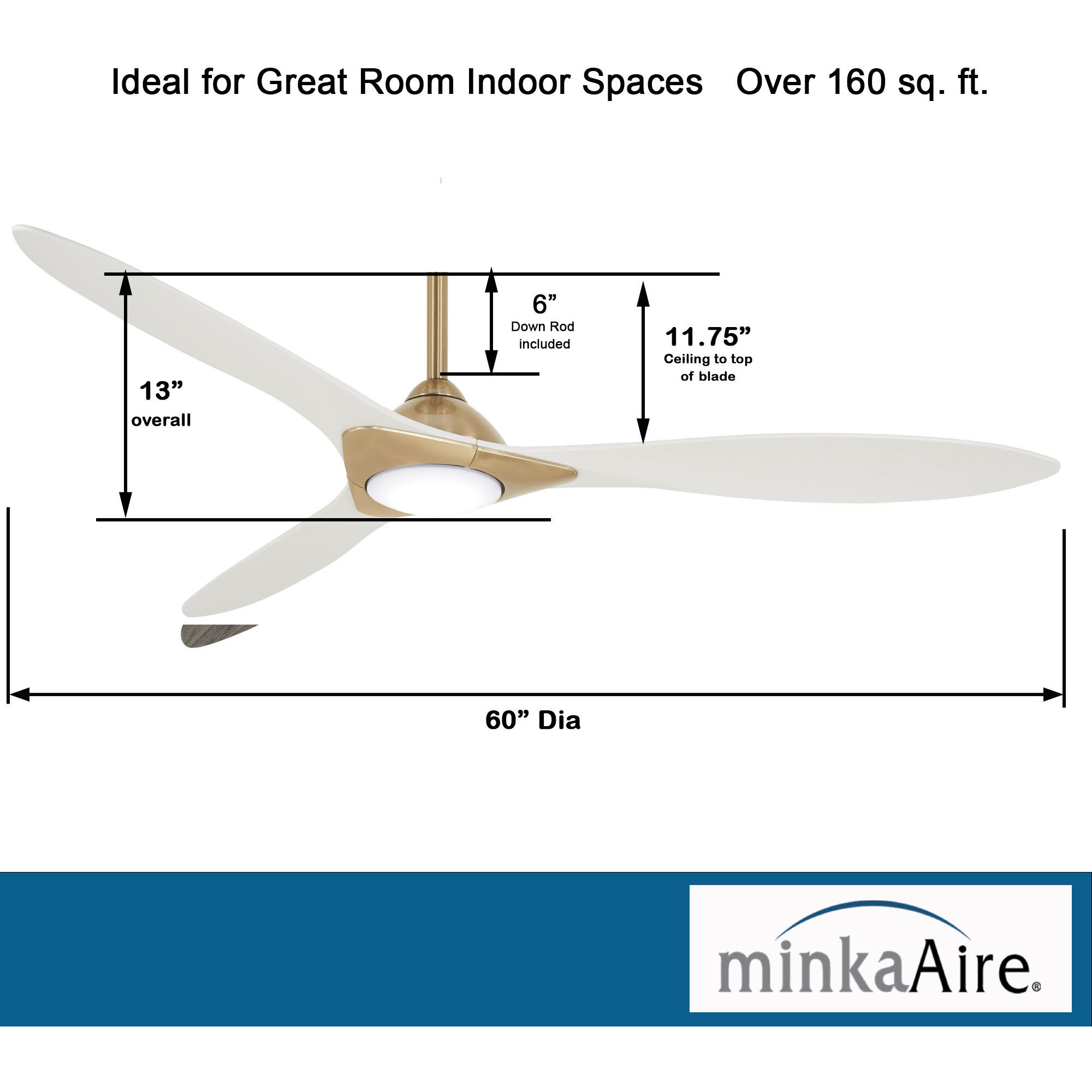 Sleek 60 inch Soft Brass/Flat White with Flat White Blades Ceiling Fan