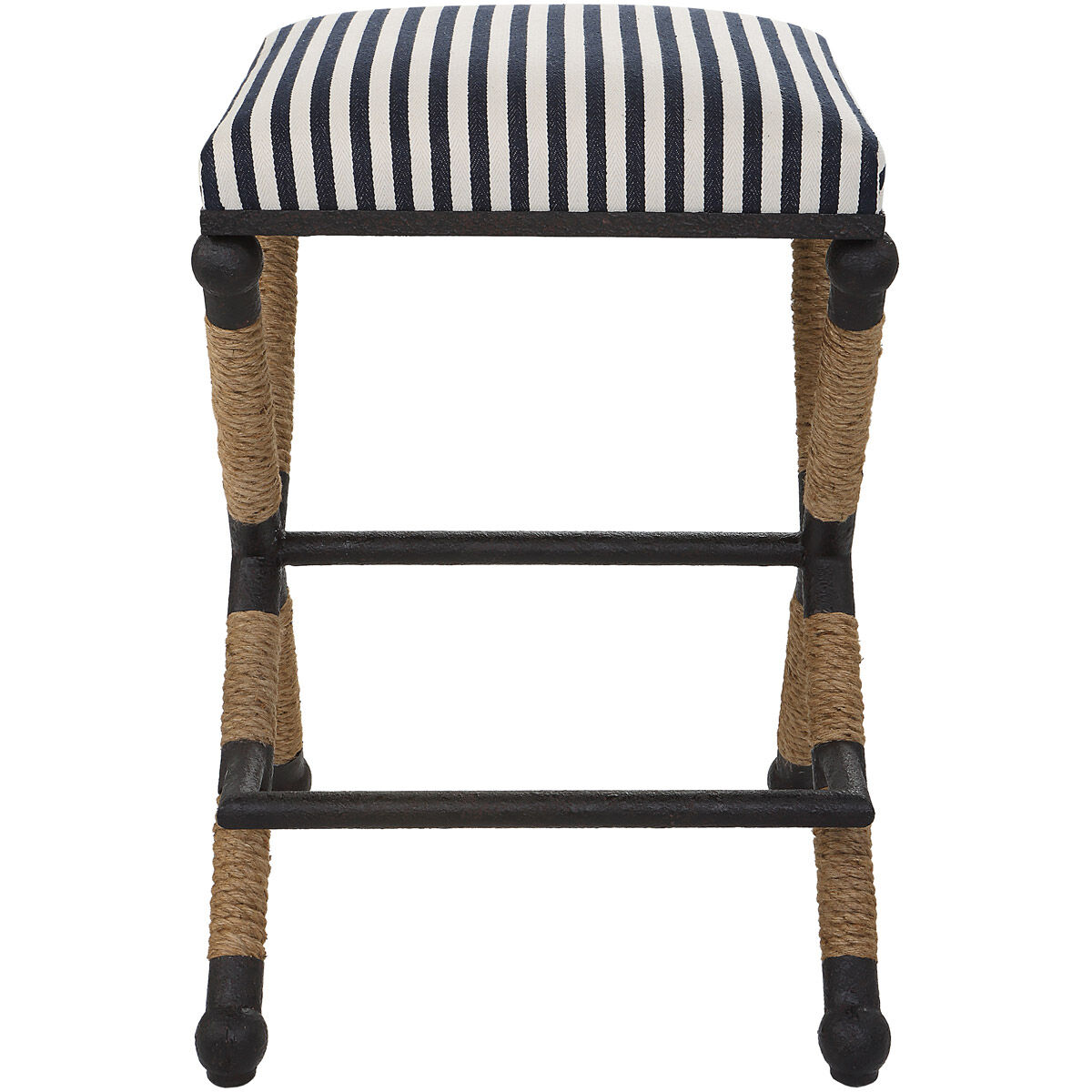 Braddock 28 inch Rustic Iron and Natural Fiber Rope with Navy/Cream Counter Stool