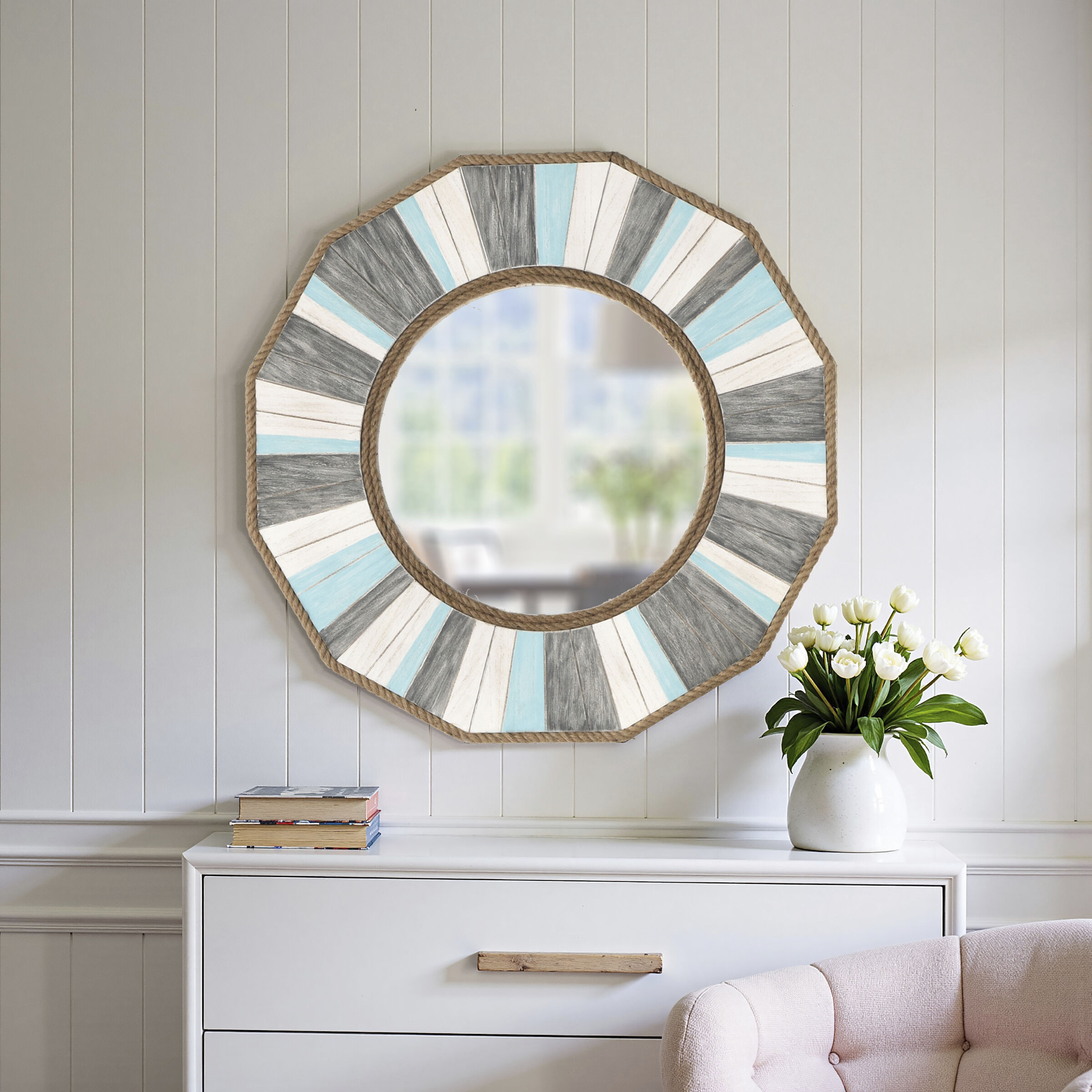Montauk 33 X 33 inch Gray/Cream/Blue Wood Wall Mirror