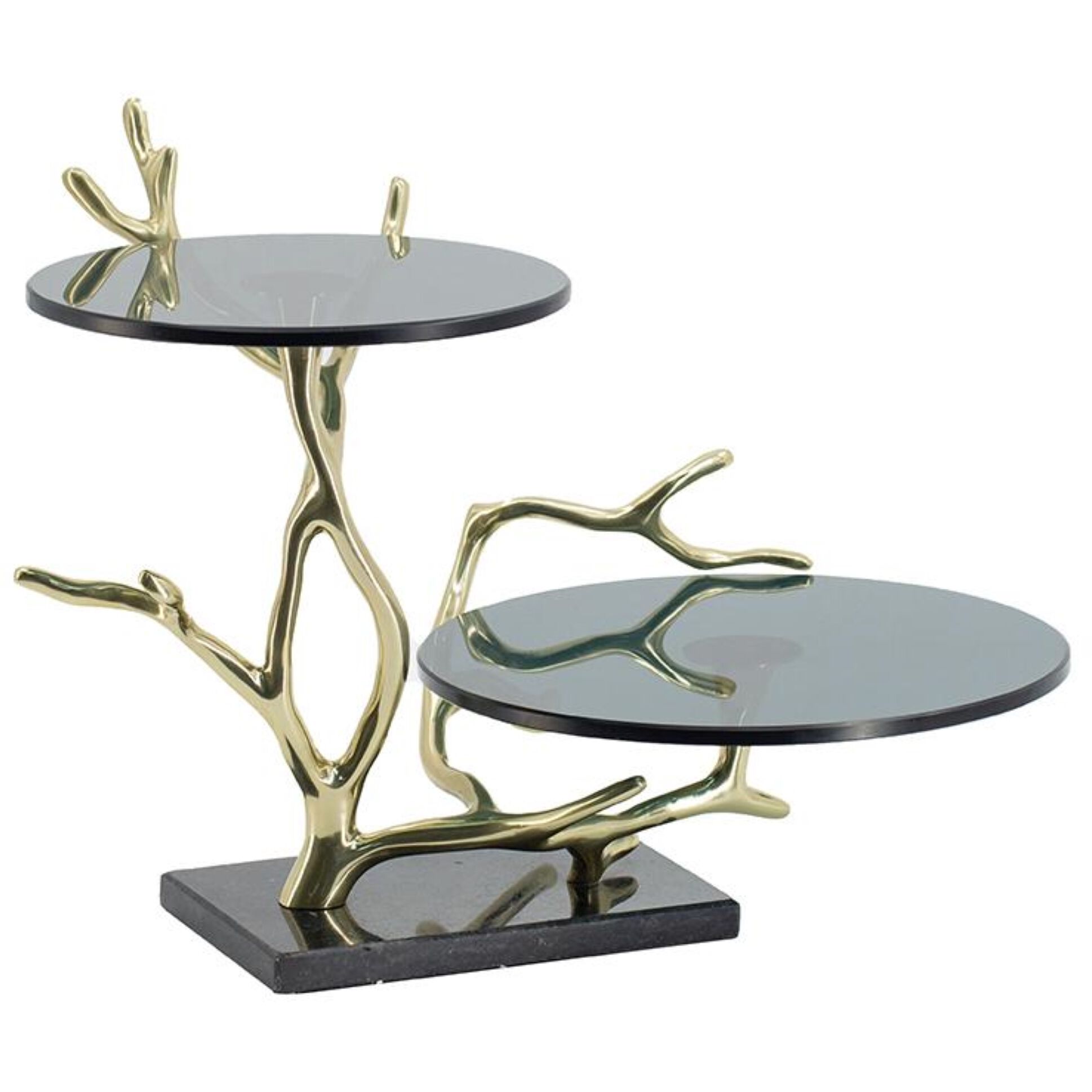 Anita 16.9 X 12.4 inch Polished Gold Finished Aluminum with Black Float Glass/Black Granite Base Cake Stand