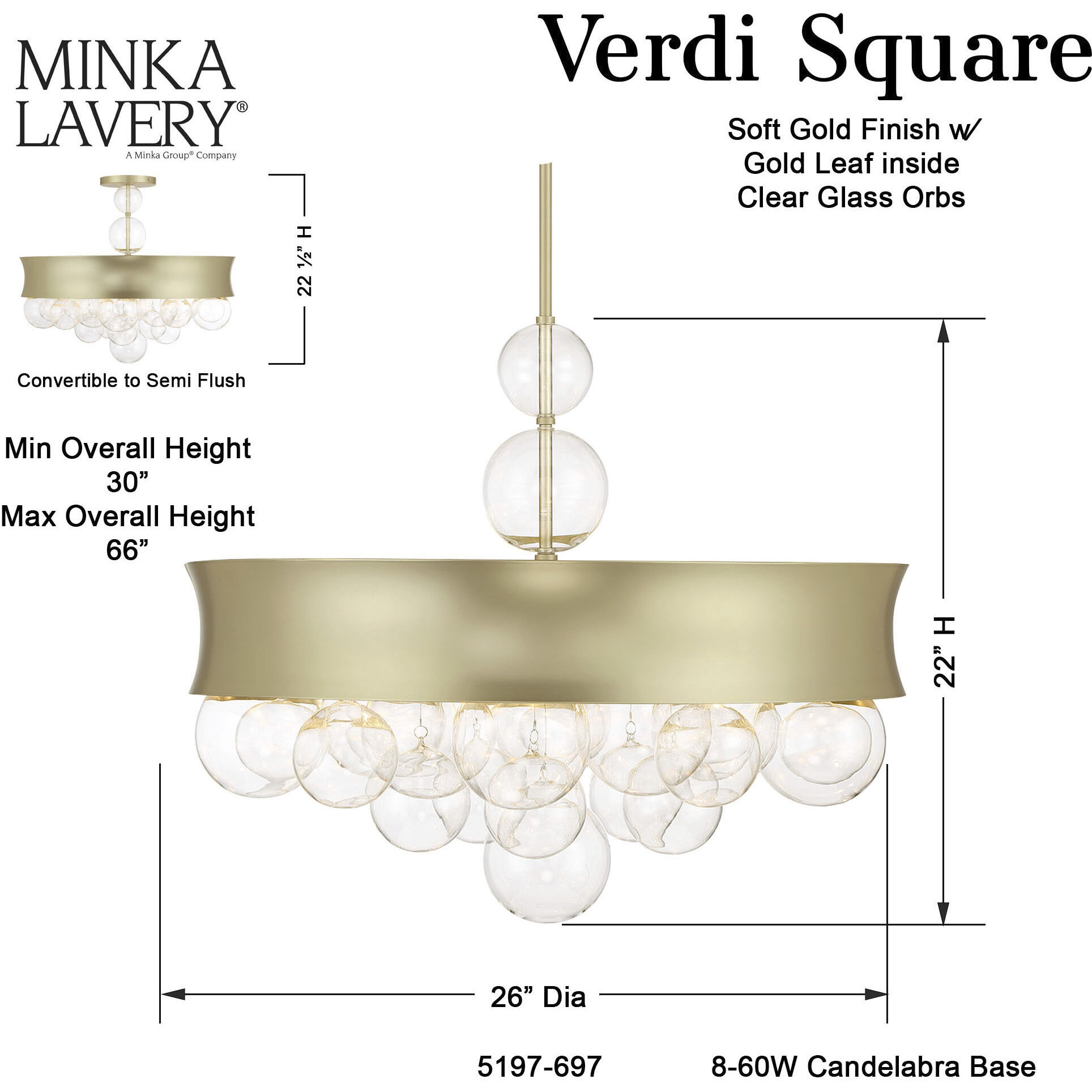 Verdi Square 8 Light 26 inch Soft Gold With Gold Leaf Convertible Pendant Ceiling Light