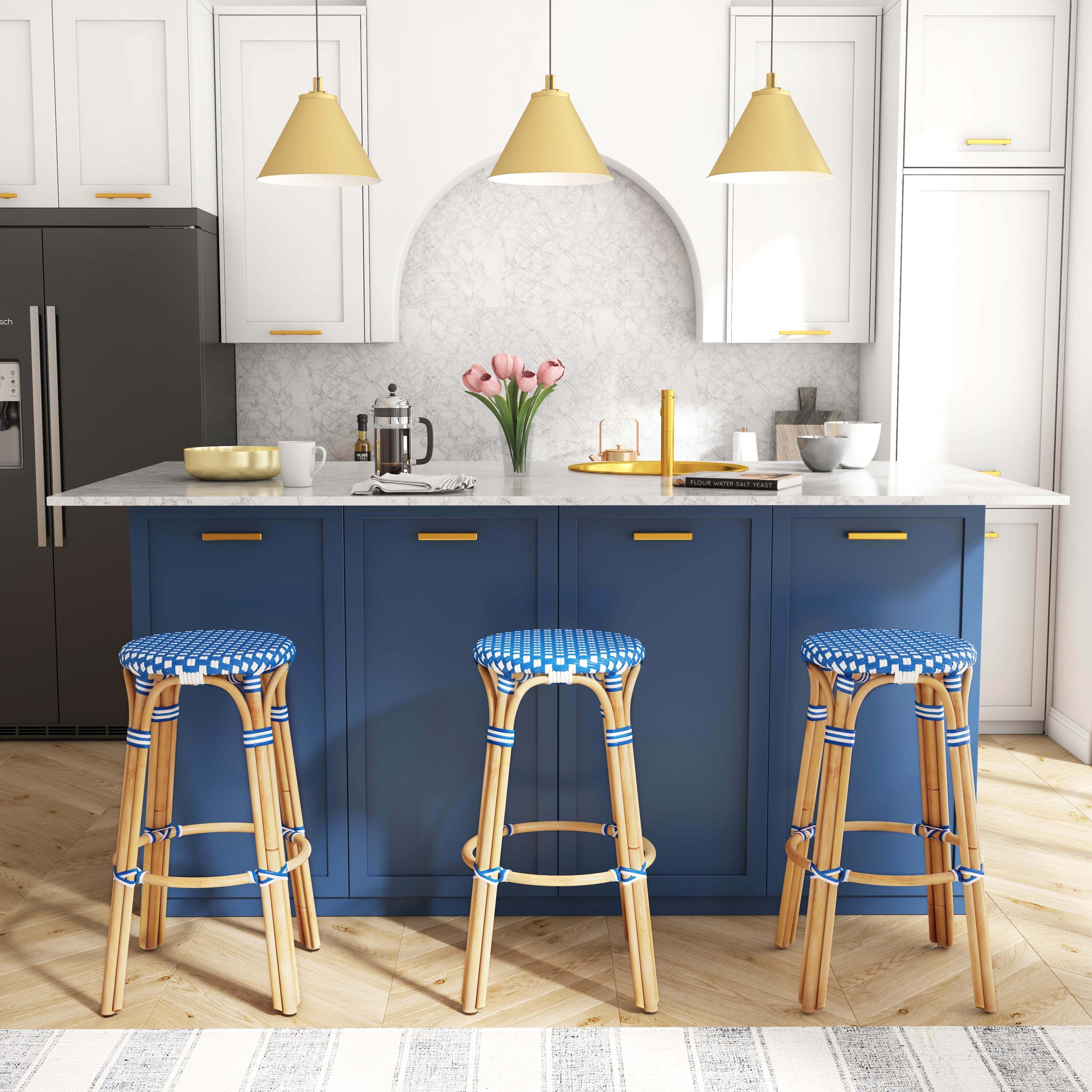 Tobias Round Rattan 30" Bar Stool in Blue and White Dot