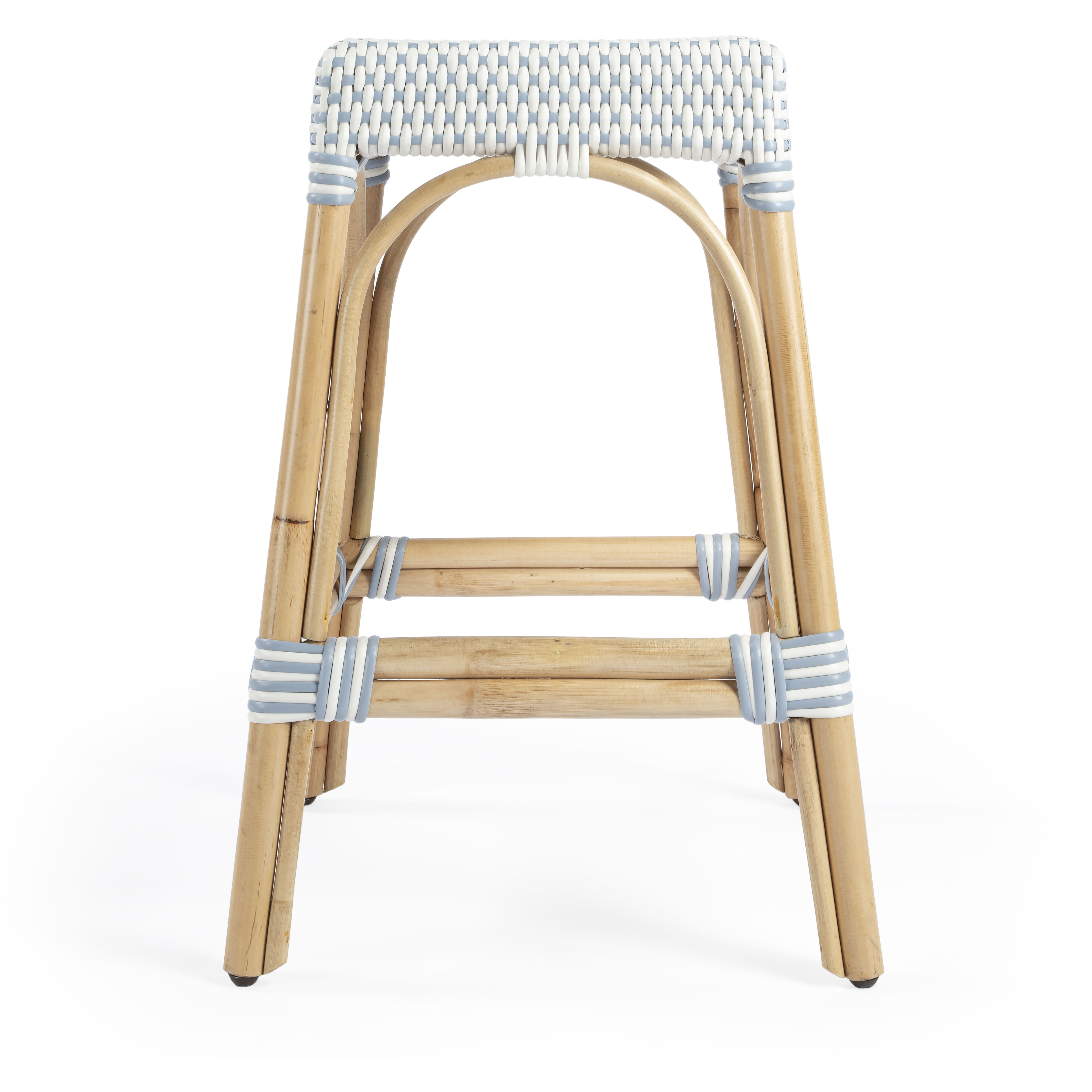 Robias Rectangular Rattan 24.5" Counter Stool in White and Sky Blue Dot