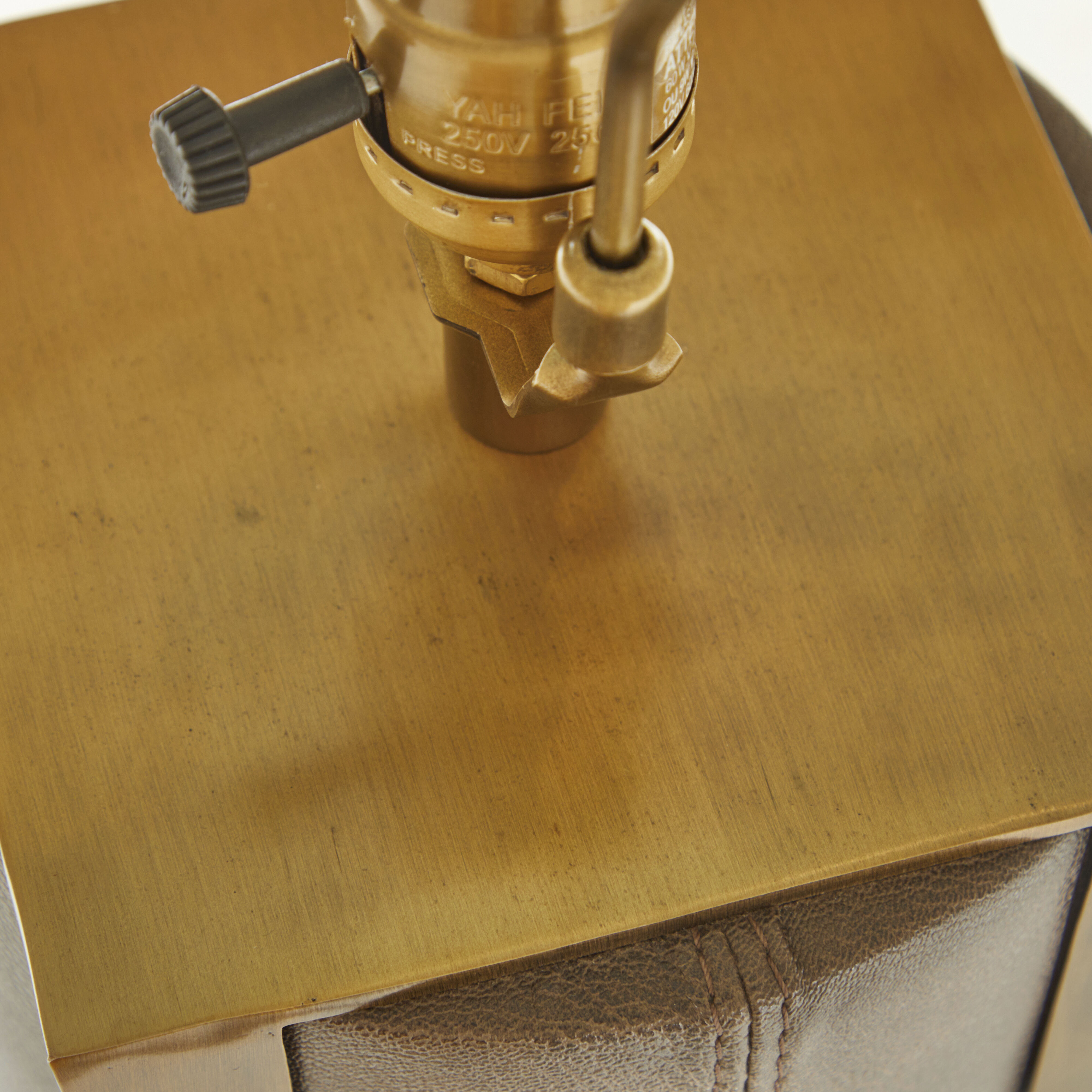 Bronx 29 inch Brushed Antique Brass and Dark Brown Leather with Beige Linen Table Lamp Portable Light