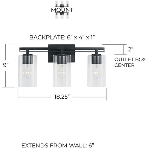 Elijah 3 Light 18.25 inch Matte Black Vanity Light Wall Light