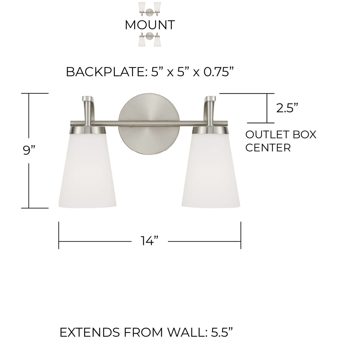 Drake 2 Light 14 inch Brushed Nickel Vanity Light Wall Light
