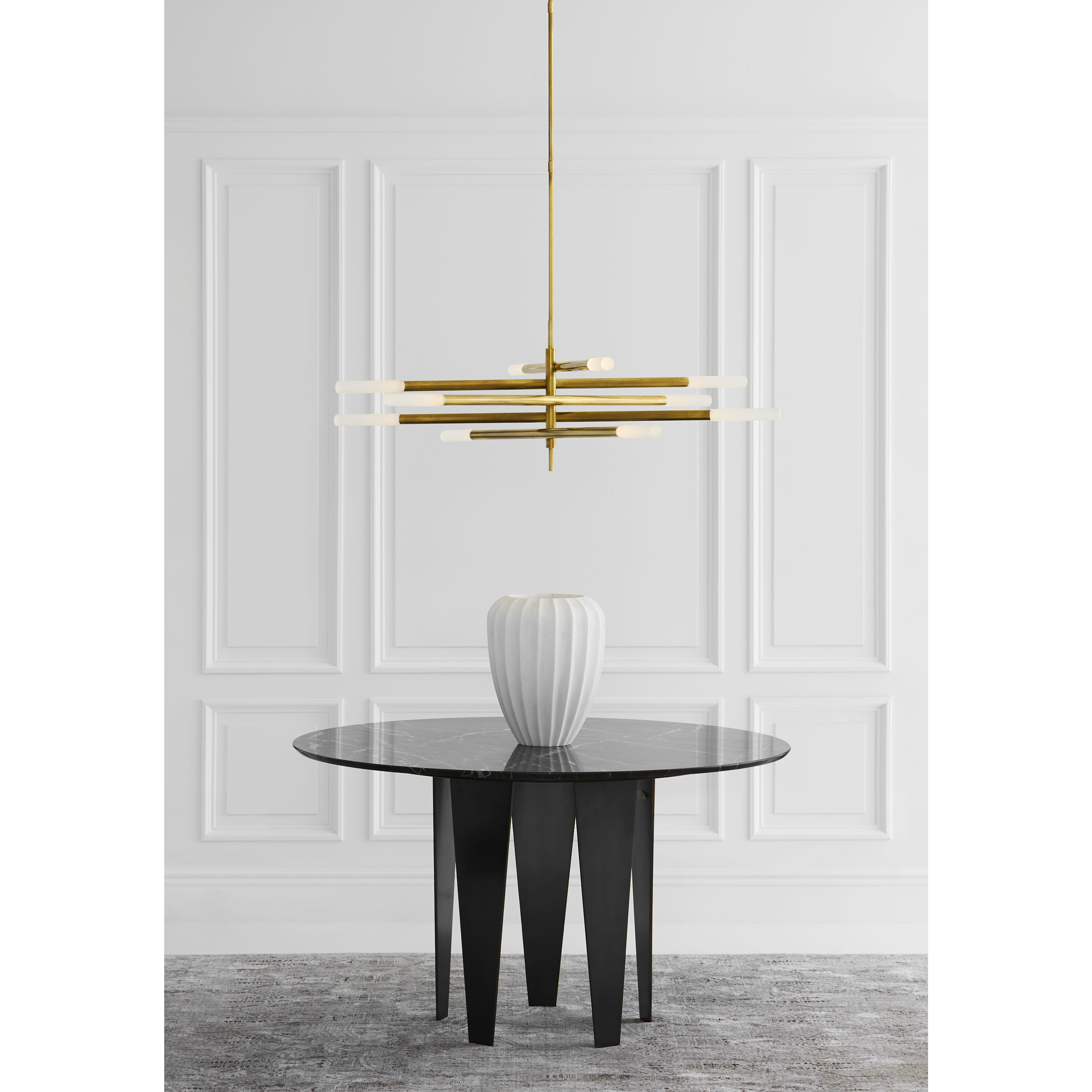 Kelly Wearstler Rousseau LED 50 inch Antique-Burnished Brass Articulating Chandelier Ceiling Light in Etched Crystal, Grande