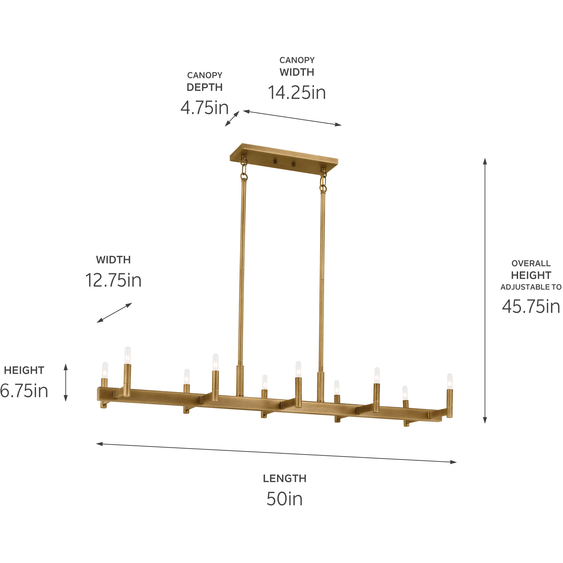 Erzo 10 Light 12.75 inch Natural Brass Chandelier Linear Ceiling Light, Single