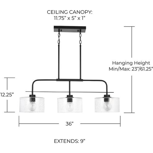 Elijah 3 Light 36 inch Matte Black Island Ceiling Light