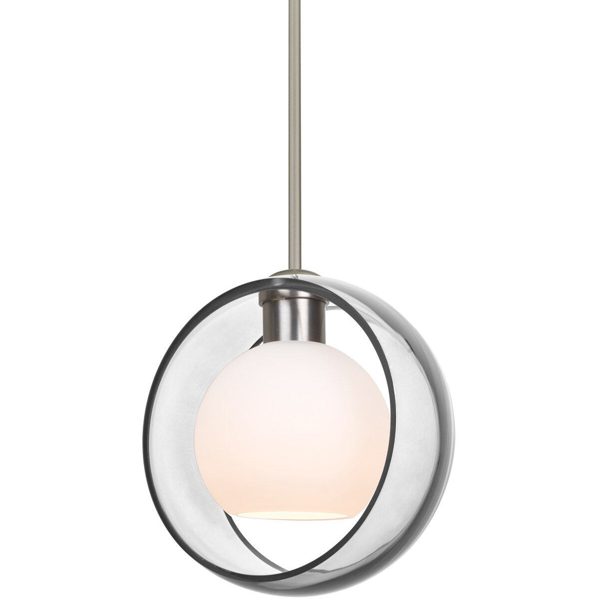 Mana 1 Light Satin Nickel Stem Pendant Ceiling Light in Incandescent, Clear/Opal Glass