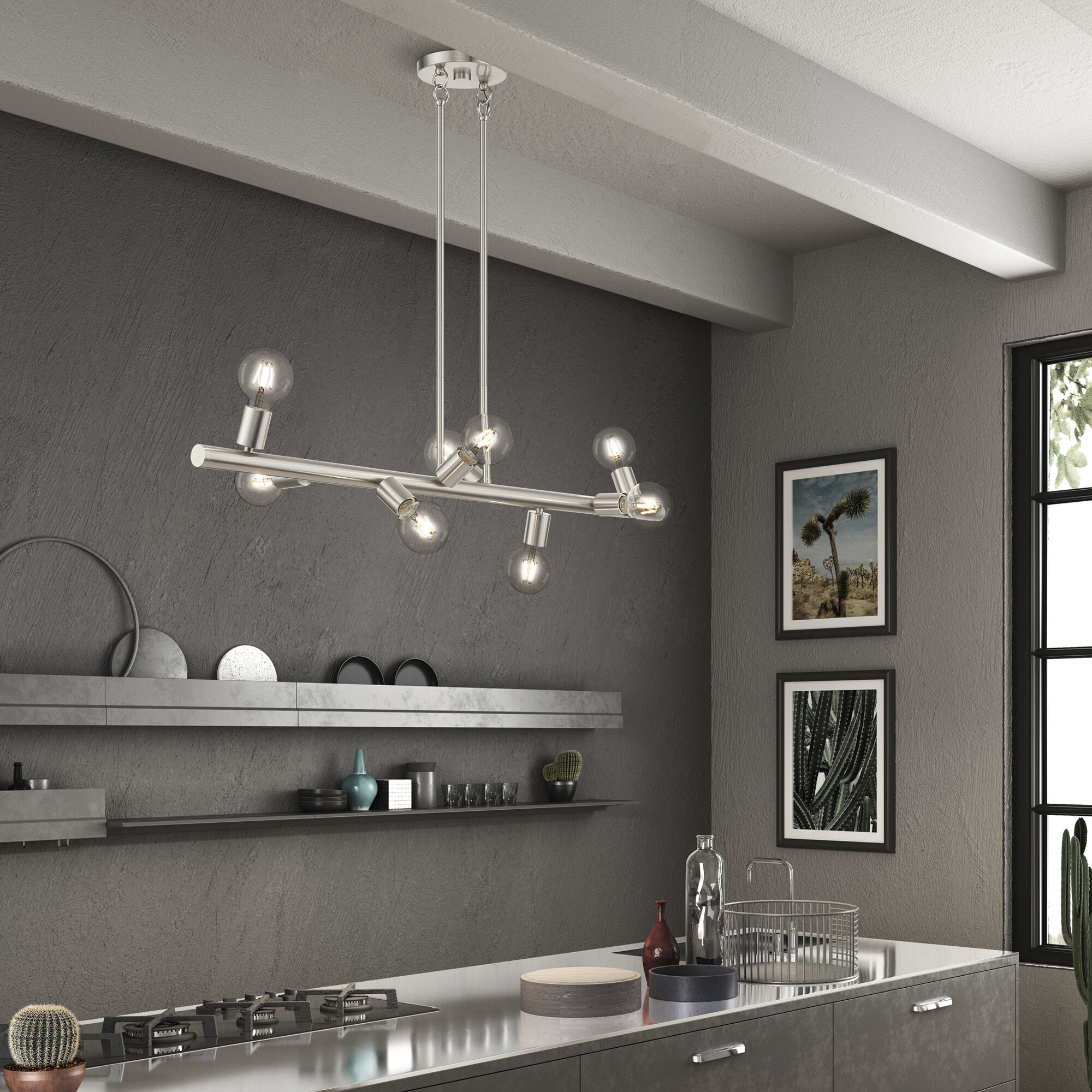 Bannister 8 Light 42 inch Brushed Nickel Linear Chandelier Ceiling Light, Large