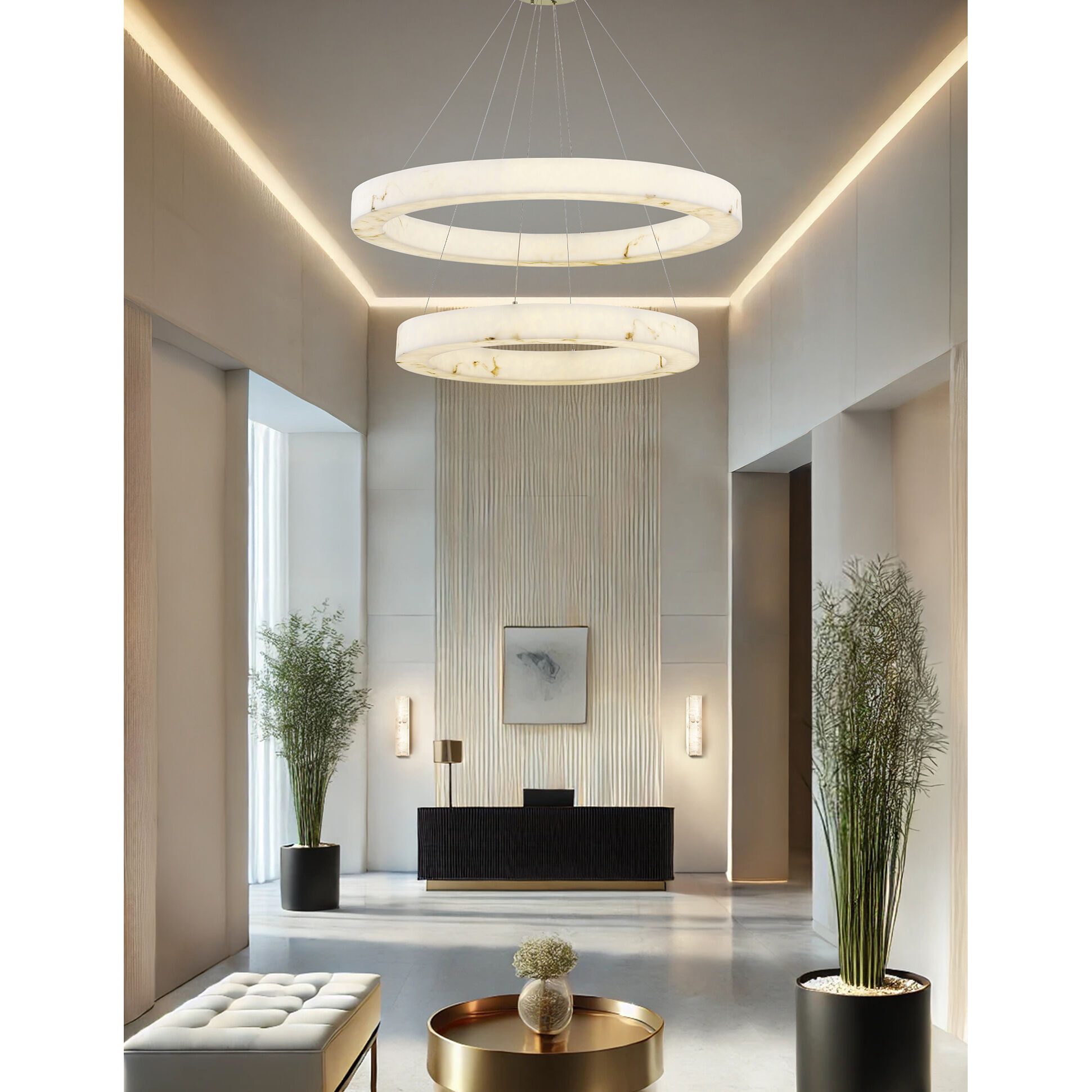 LumenAria LED 42 inch Brushed Brass Pendant Ceiling Light in Faux Alabaster