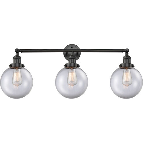 Franklin Restoration Large Beacon 3 Light 32 inch Matte Black Bath Vanity Light Wall Light in Clear Glass, Franklin Restoration