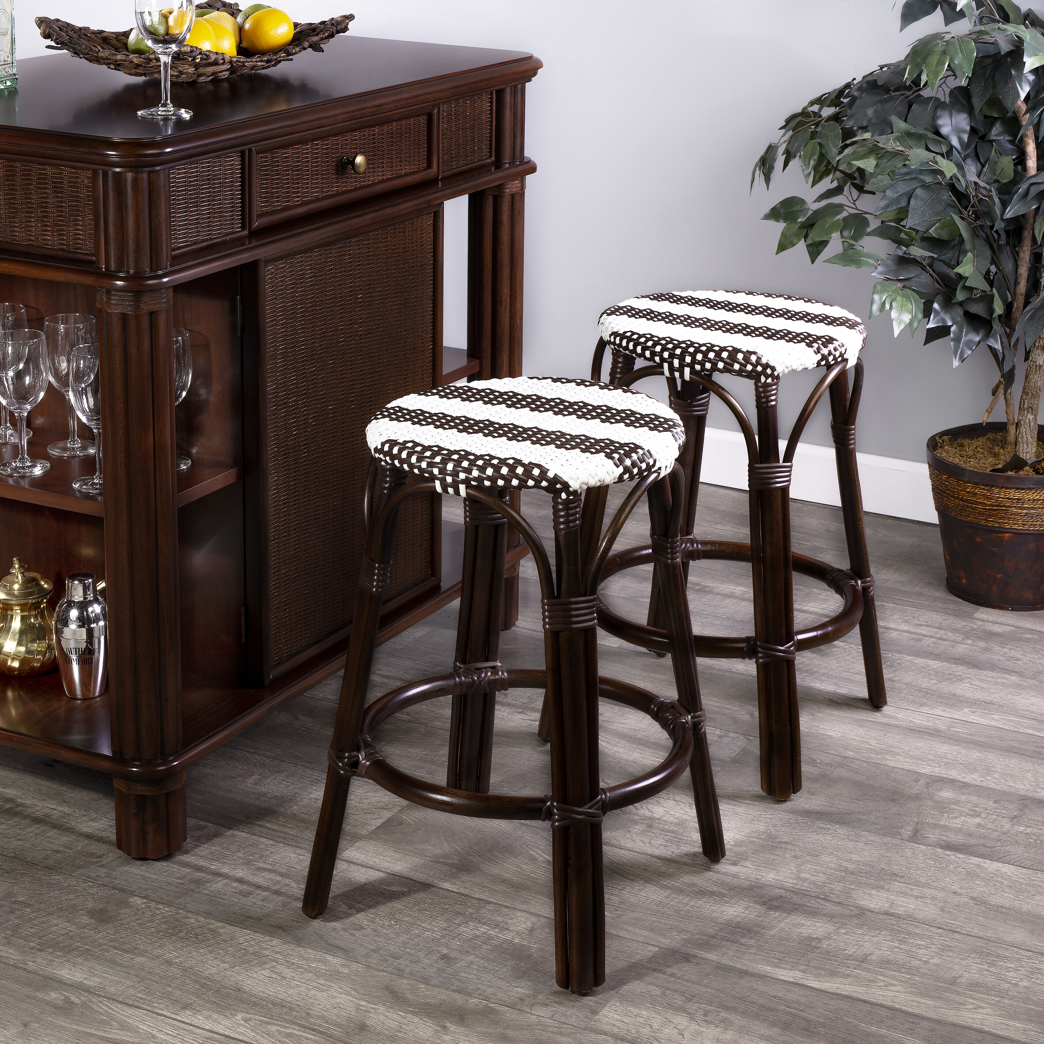 Tobias Dark Brown & White Rattan Bar Stool