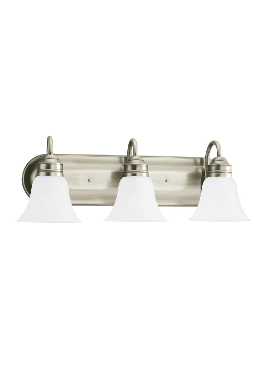 Brushed nickel 3 light bathroom fixture top