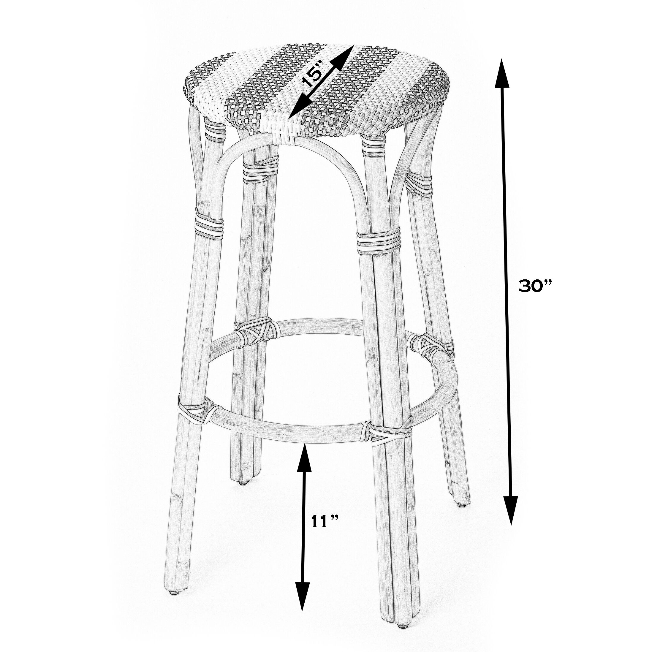 Tobias Round Rattan 30" Bar Stool in Blue and White Dot