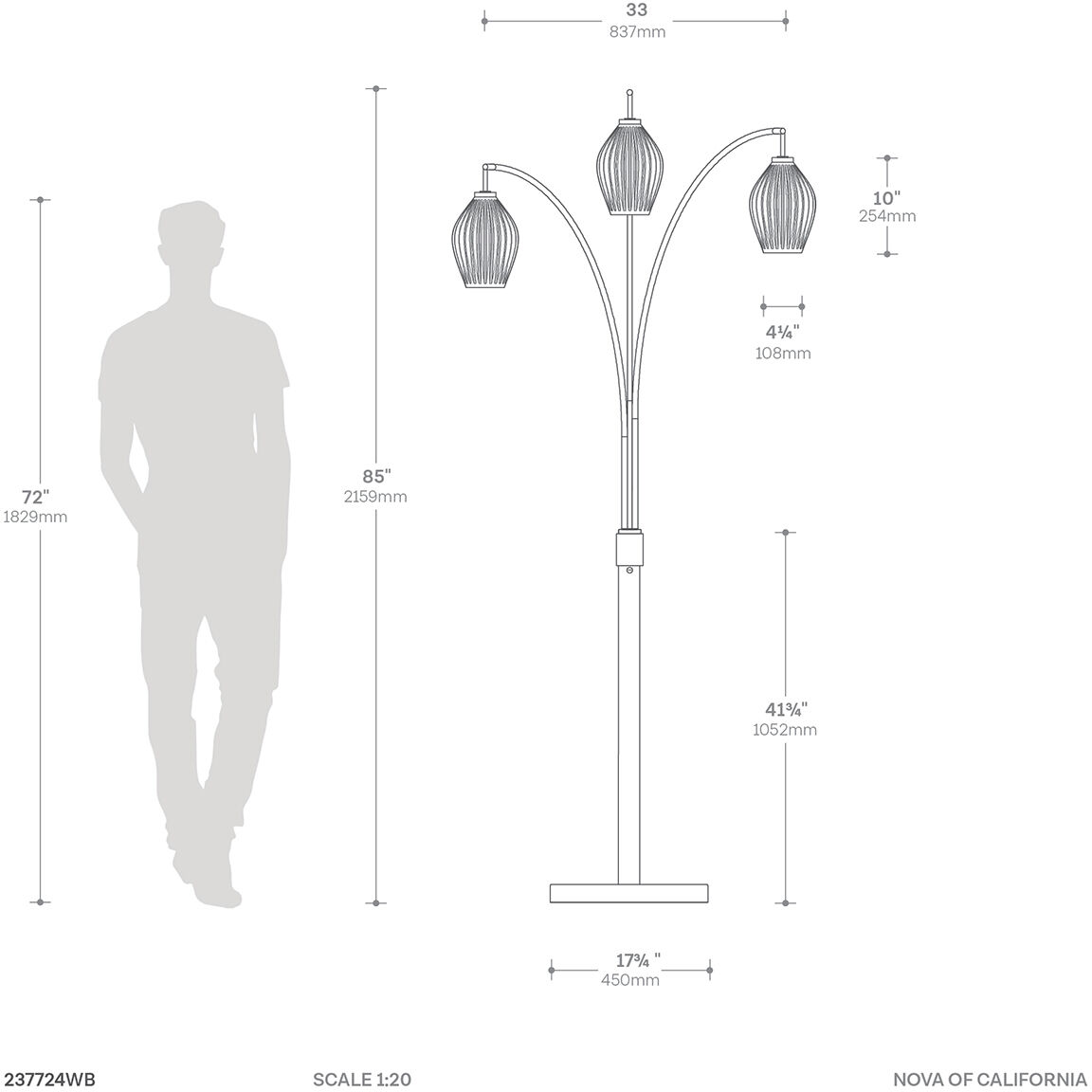 Santa Clara 85 inch 60.00 watt Walnut and Weathered Brass with Black Arc Floor Lamp Portable Light