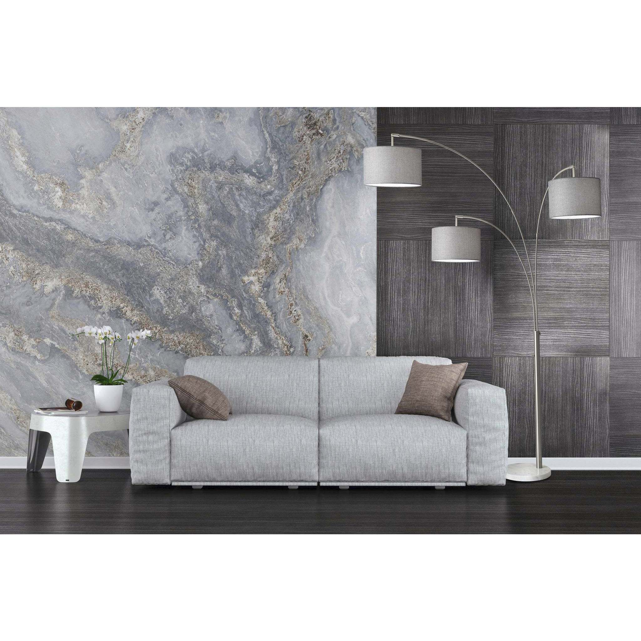 Bowery 74 inch 100 watt Brushed Steel Arc Lamp Portable Light in Grey Tweed Fabric