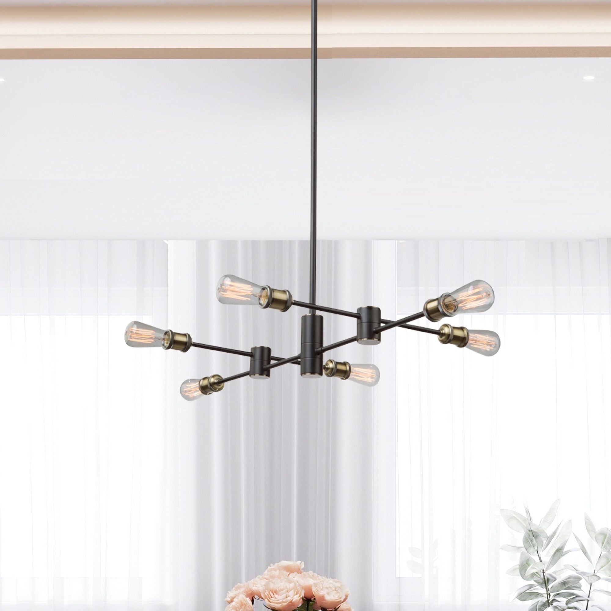 Tribeca 6 Light 37 inch Matte Black and Satin Brass Linear Chandelier Ceiling Light