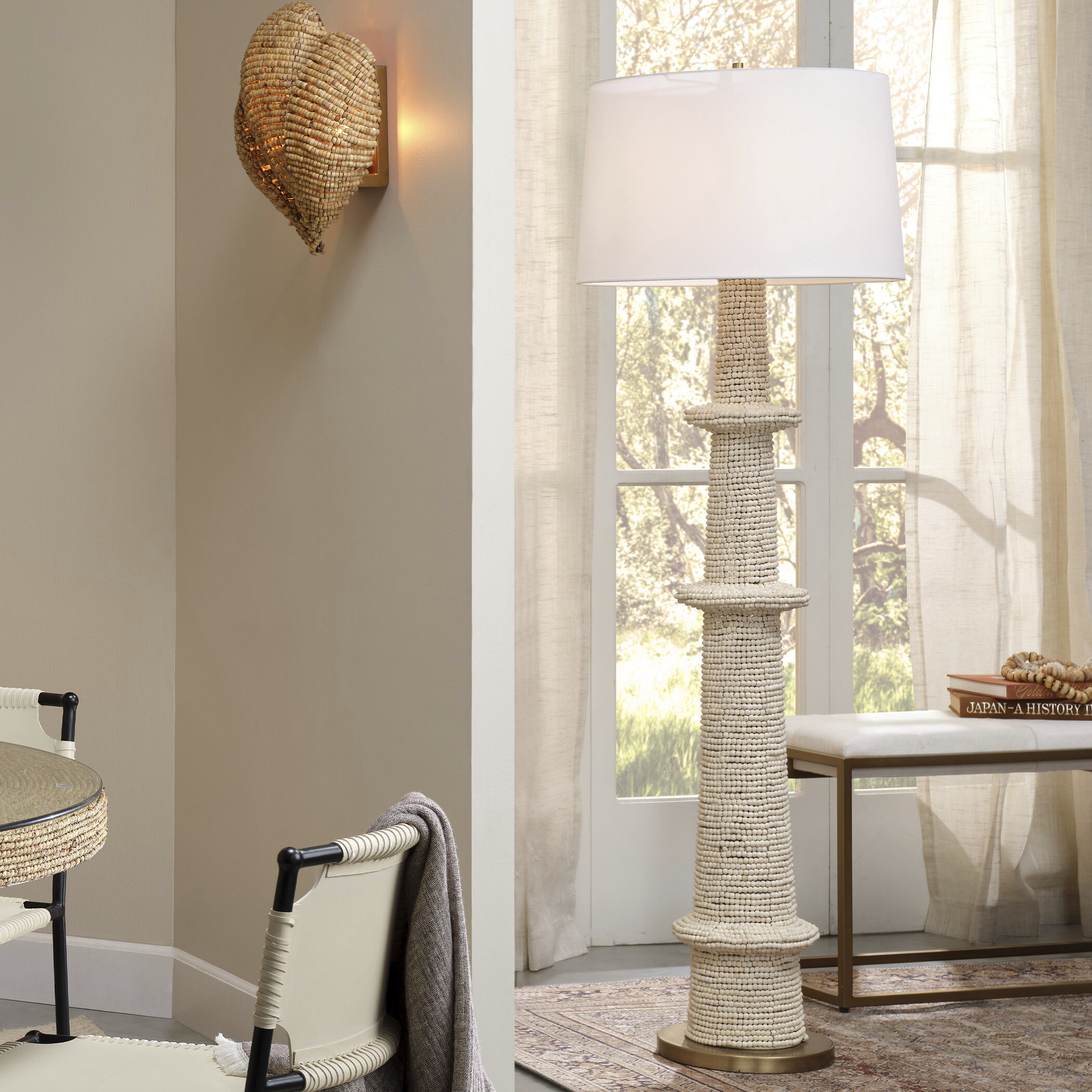 Rowan 70 inch 60.00 watt Cream Wood Beads Floor Lamp Portable Light, Inline