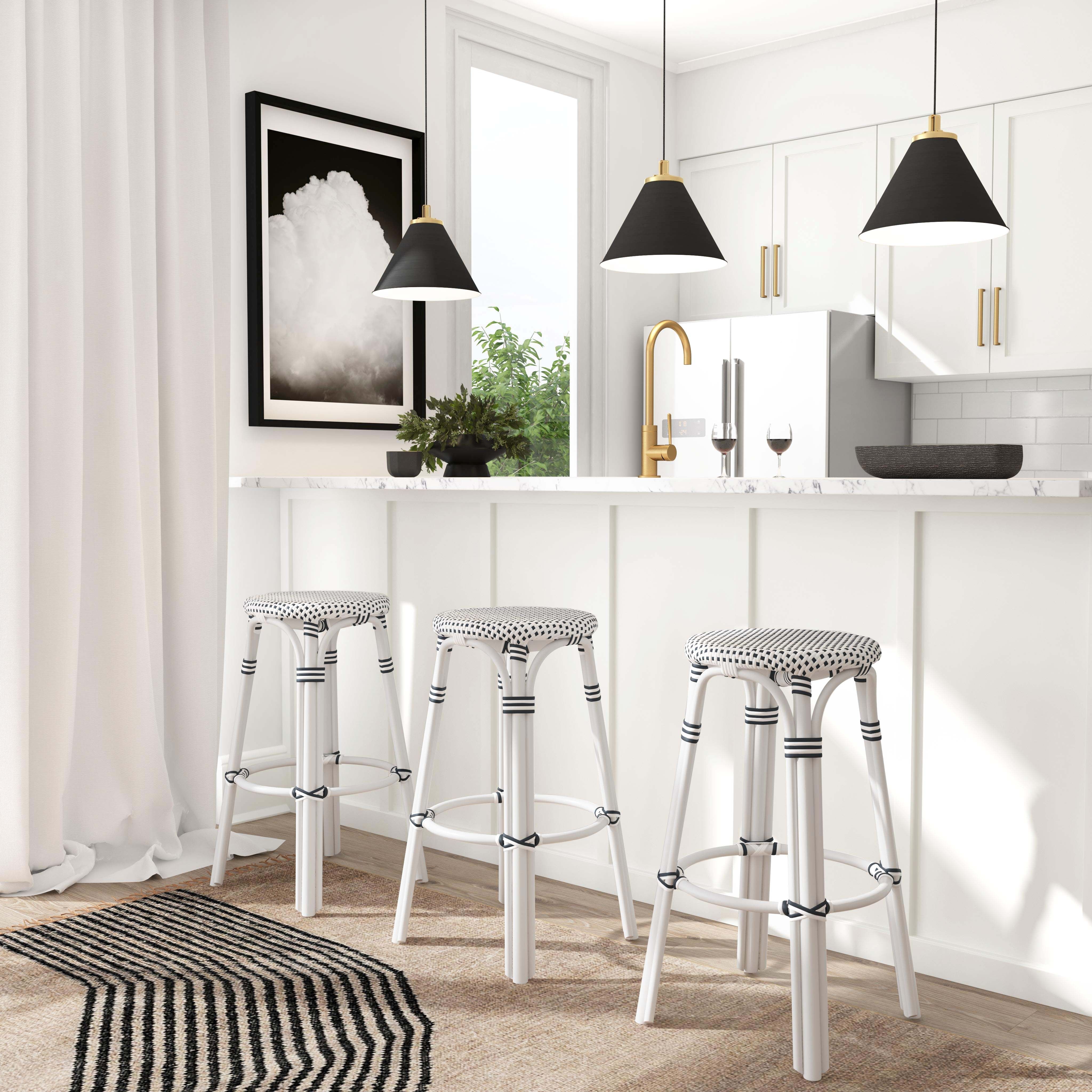 Tobias Round Rattan 30" Bar Stool in White and Black Dot