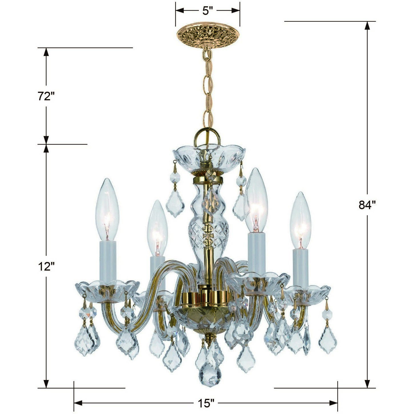 Traditional Crystal 4 Light 15 inch Polished Brass Mini Chandelier Ceiling Light in Clear Hand Cut