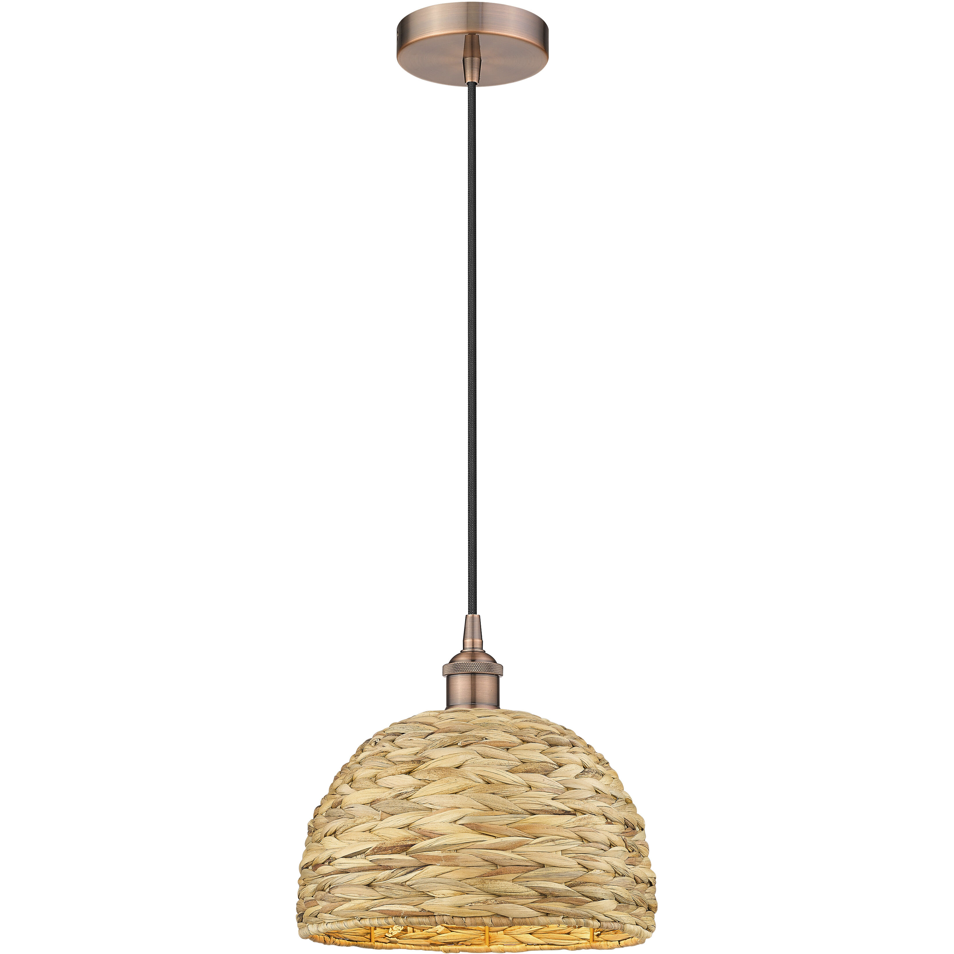Edison Woven Rattan 1 Light 12 inch Antique Copper Mini Pendant Ceiling Light
