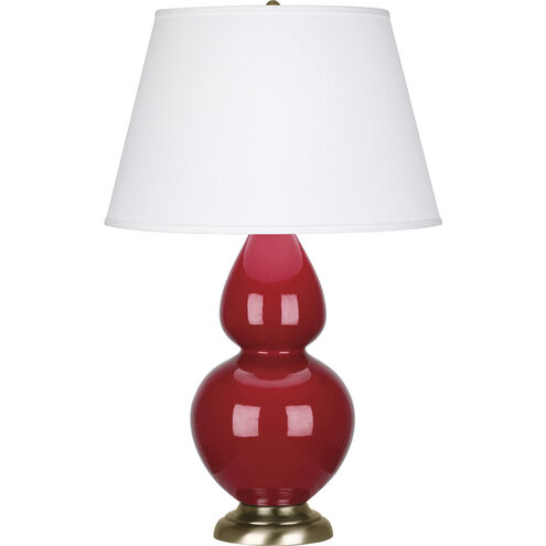 Double Gourd 31 inch 150.00 watt Ruby Red Glazed Ceramic with Antique Brass Table Lamp Portable Light in Pearl Dupioni
