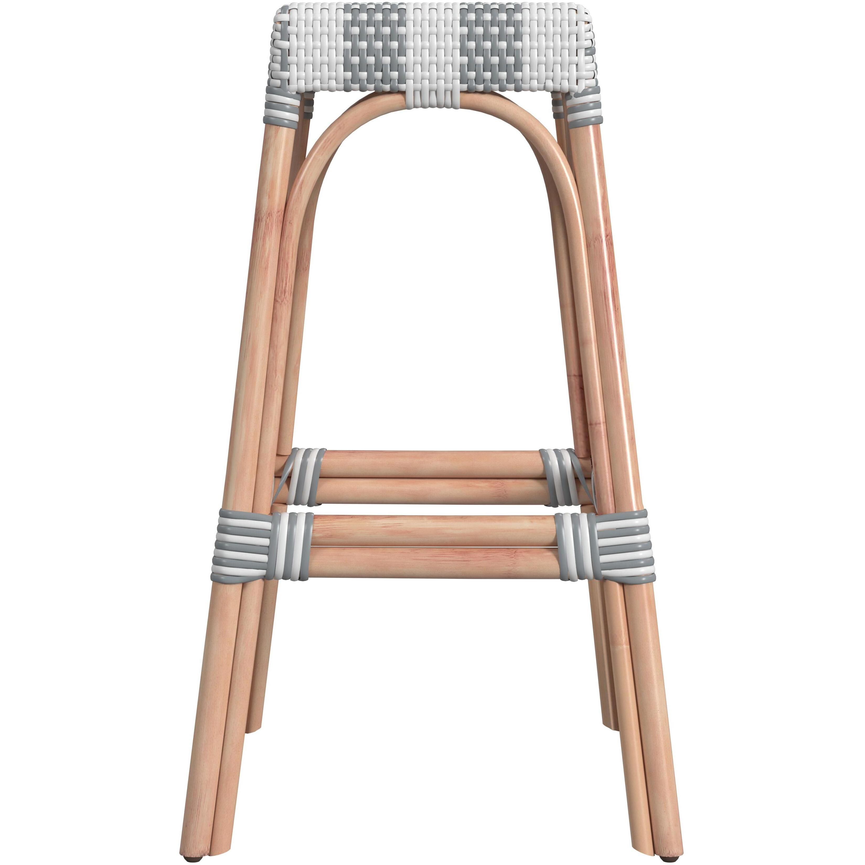 Robias Rectangular Rattan 30" Bar Stool in Gray and White Stripe