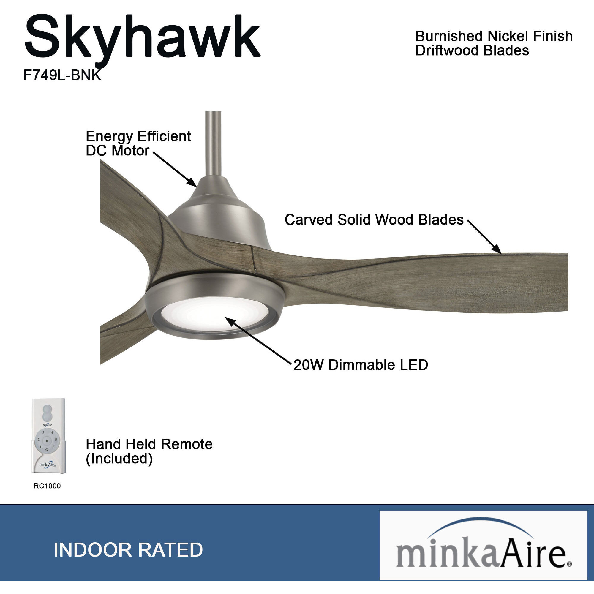 Skyhawk 60 inch Burnished Nickel with Driftwood Blades Ceiling Fan