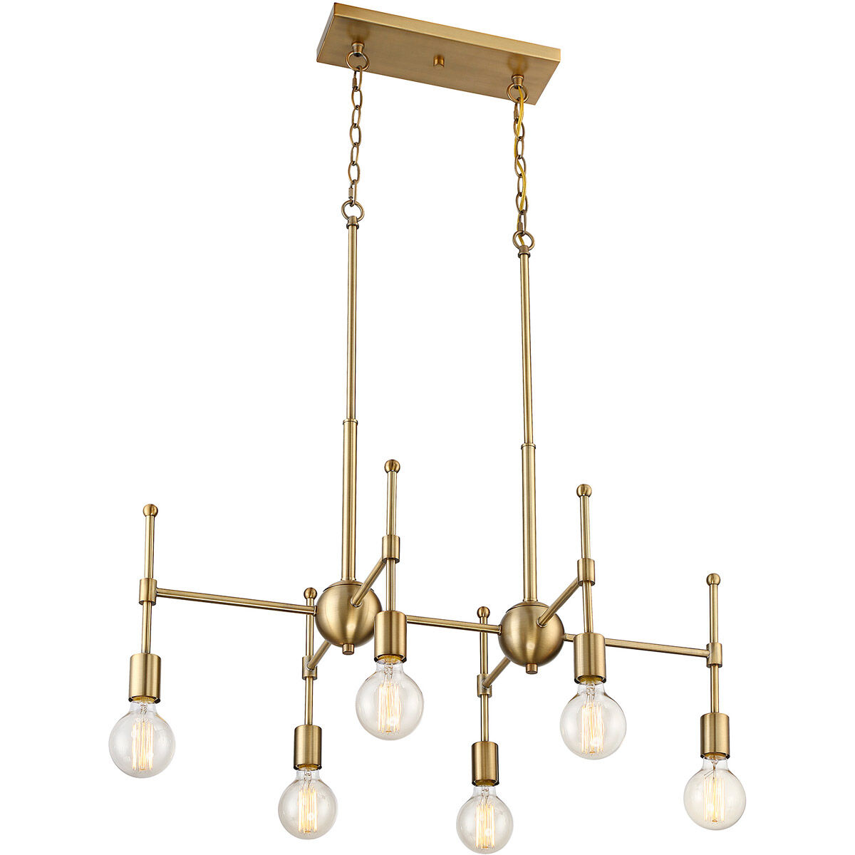 Mid-Century Modern 6 Light 30.5 inch Natural Brass Linear Chandelier Ceiling Light