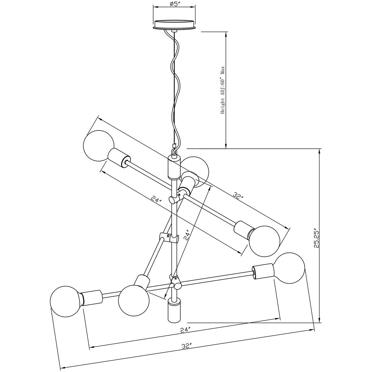 Baton 6 Light 24 inch Soft Gold Chandelier Ceiling Light
